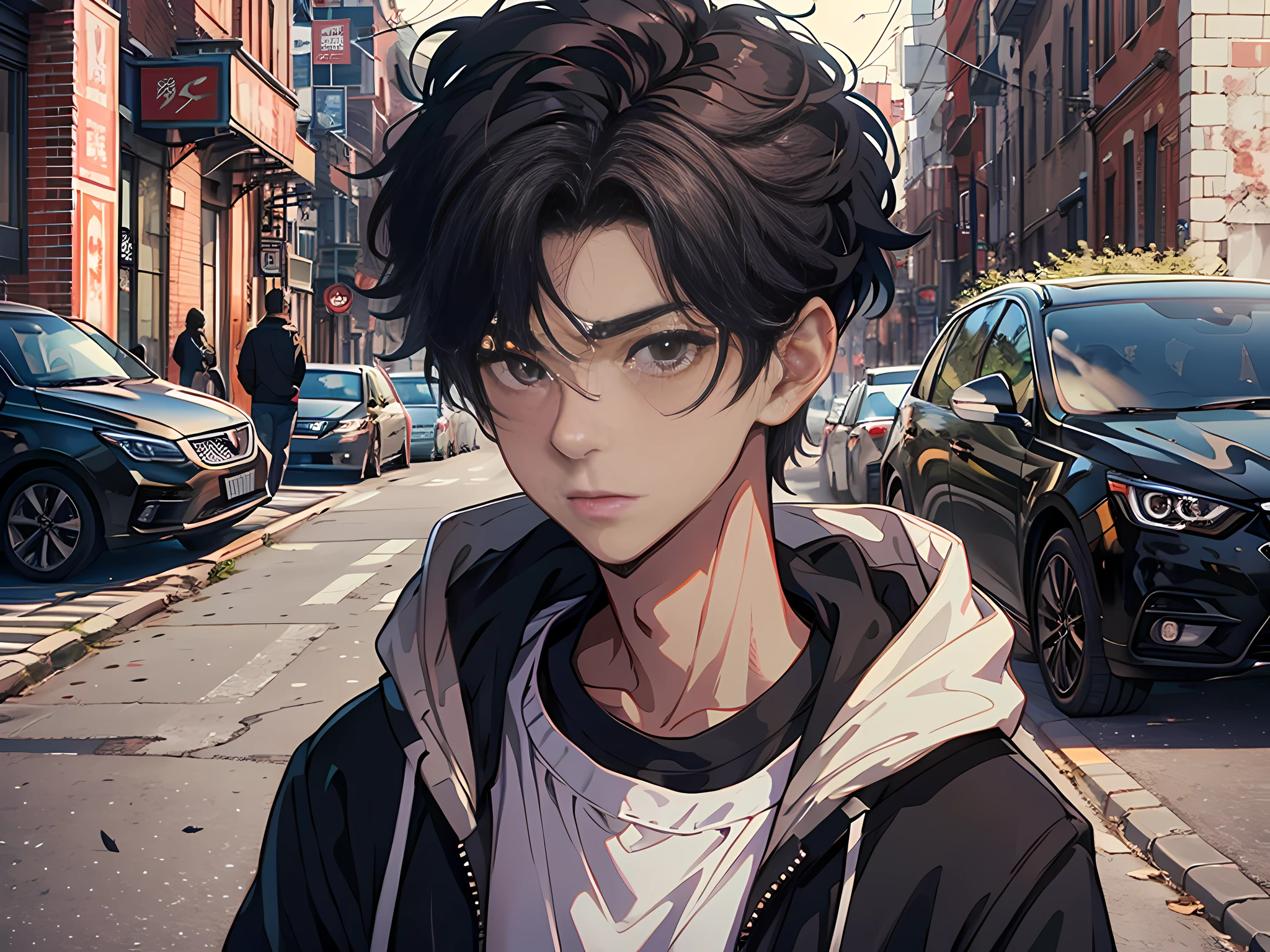 An ordinary and ordinary young man,Dress modestly,Life is simple。It is surrounded by an ordinary city streetscape,No luxurious buildings and luxury vehicles。black color hair,Black sweatshirt,male people,with brown eye,Handsome,18yr old