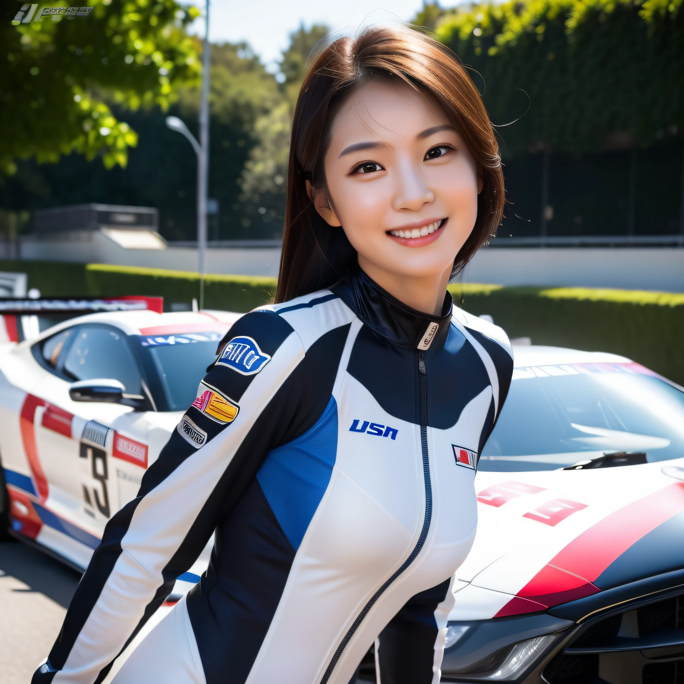 8K, masterpiece, best quality, photorealistic, ultra-detailed, 1 girl, Asian, athletic body, realistic skin texture, (breasts:1.0), (smile:1.0), gaze at viewer, (form fitting car racing suit), (no helmet), movie lighting, face focus, fine eyes, detailed face, well lit face, day light, racing cars in background