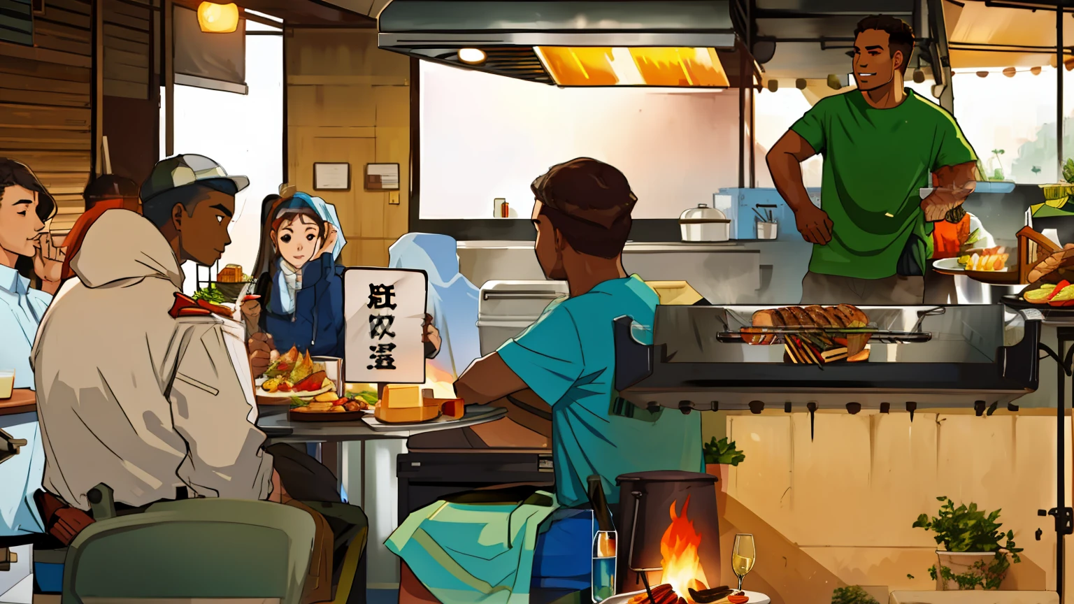 A group of people in the foreground sit and eat，There is a table card on the table，A person in the back is grilling，Grill，