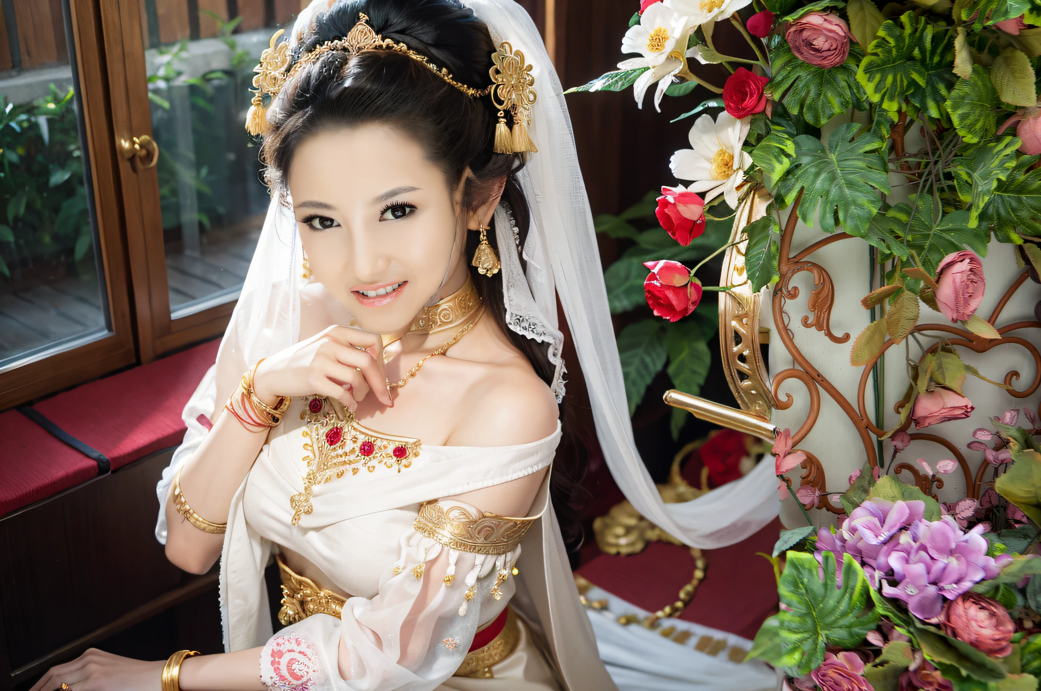 Traditional clothing of India，Pure white silk，Openwork，Red jewelry setting，Gold trim，Gold bracelet，golden headdress，flowing curls，Background of tangled flowers