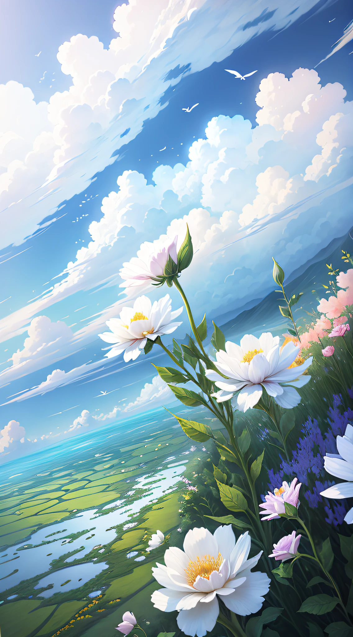 Flower field painting of birds flying in the sky, detail painting 4k, drawn in anime artist studio, in white cloud wonderland, drawn by Yang J, anime beautiful peaceful scene, high quality digital painting, beautiful floating clouds. Anime, beautiful anime scenes, Rose Tran. Landscape background, beautiful digital painting, white cloud fairyland --v6