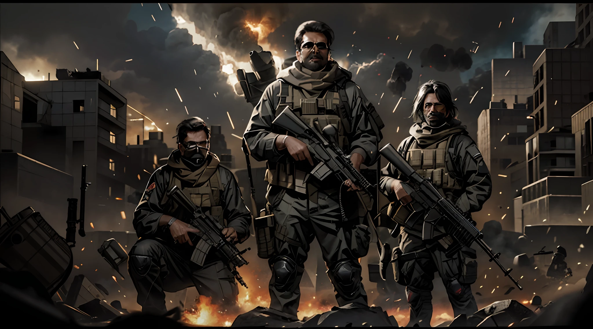Mammootty as a Mercenary standing on a pile of nuke warhead in a battlefield with a M4 in hand, Mammootty, pile of nuke warhead, M4 rifle, battlefield with smoke, cinematic realistic, octane render, unreal engine 5, volumetric light, lightning in background, John Miller style, --ar 3:1