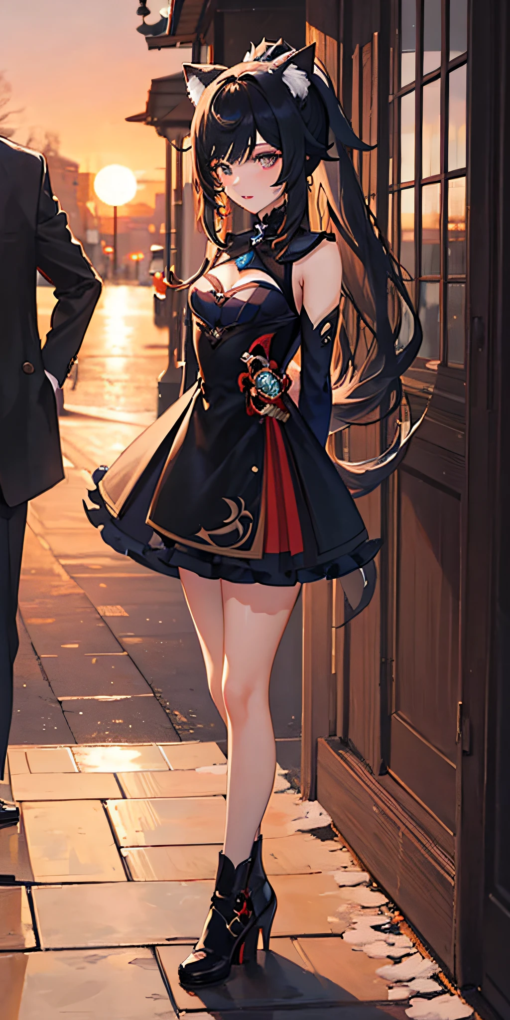 Cat Ear Girl, black ears, genshin impact,, portrait,1girl, small breasts,sunset, black long hair, masterpiece,best quality,full body,(detailed),Bright color,looking at viewer,stand,,solo,revealing dress,Elegant,arms behind back,fluffy skirt,solo focus,high ponytail,winter clothes