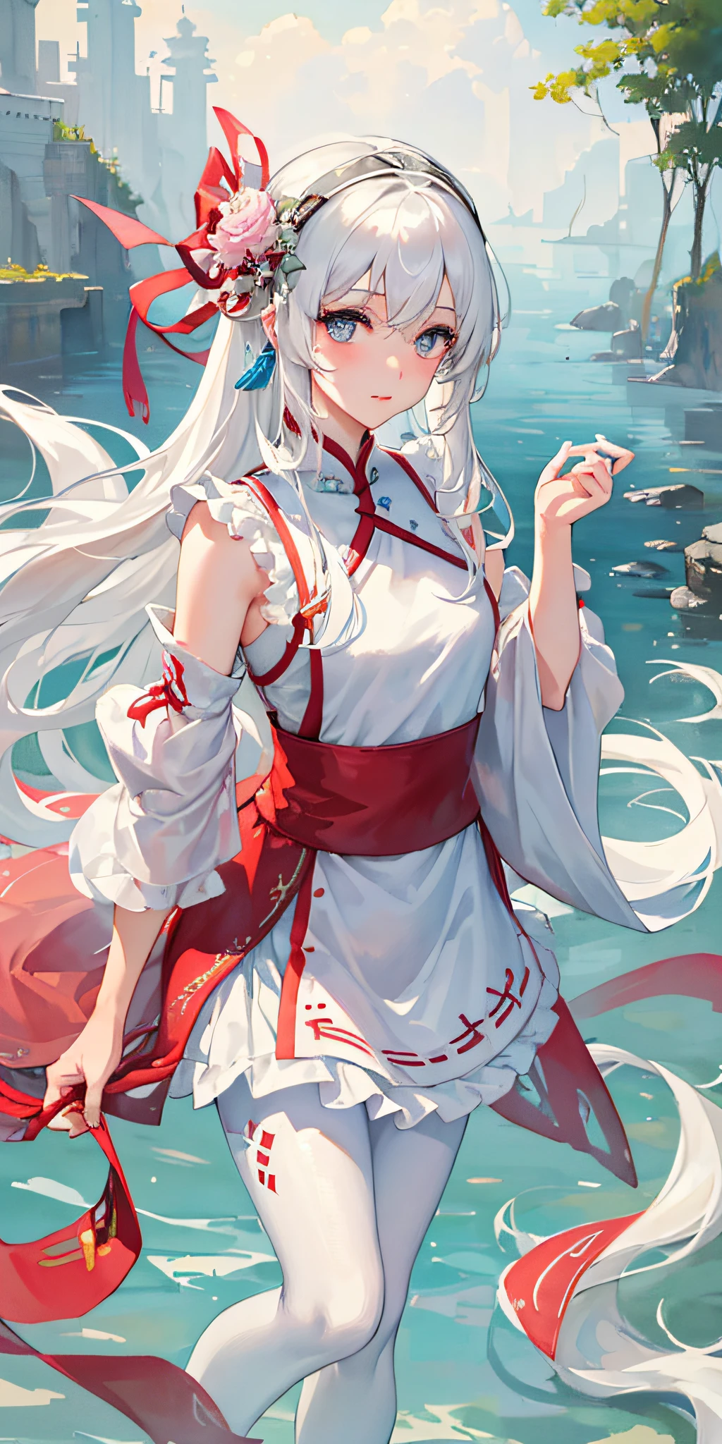 ((best quality)), ((masterpiece)), ( light), ,(),(a delicate and beautiful girl), (beautiful detailed eyes),, 1girl, beautiful, cute face, long hair, water,, ,white pantyhose, standing, chinese stlye architecture, ,water,,watercolor senery,, ,1girl,White hair,,,looking at viewer,red miko cloth