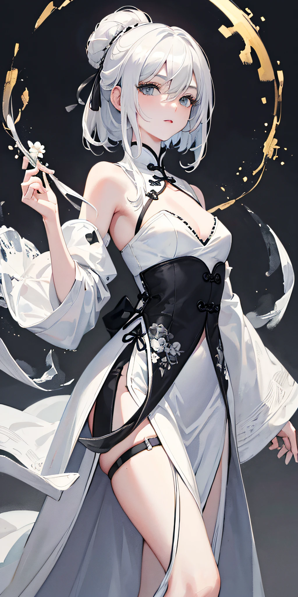 masterpiece, white hair, watercolor, (lady), medium hair, good shape, lmasterpiece, best quality, detailed clothes, (beautiful absolutely detailed white robe, white silk), 1girl, detailed face, 8k wallpaper, an extremely detailed and beautiful girl, beautiful highly detaile eyes, same eyes, extremely detailed figure, color ink wash paiting, (color splashing), (colorful), (chinese ink painting), flower, hair between eyes, across bang, cowboy shot, large breasts, black eyes, ai is sb, ai is sb, ai is sb, (grey background:1.2), small breasts, qipao, flat chest