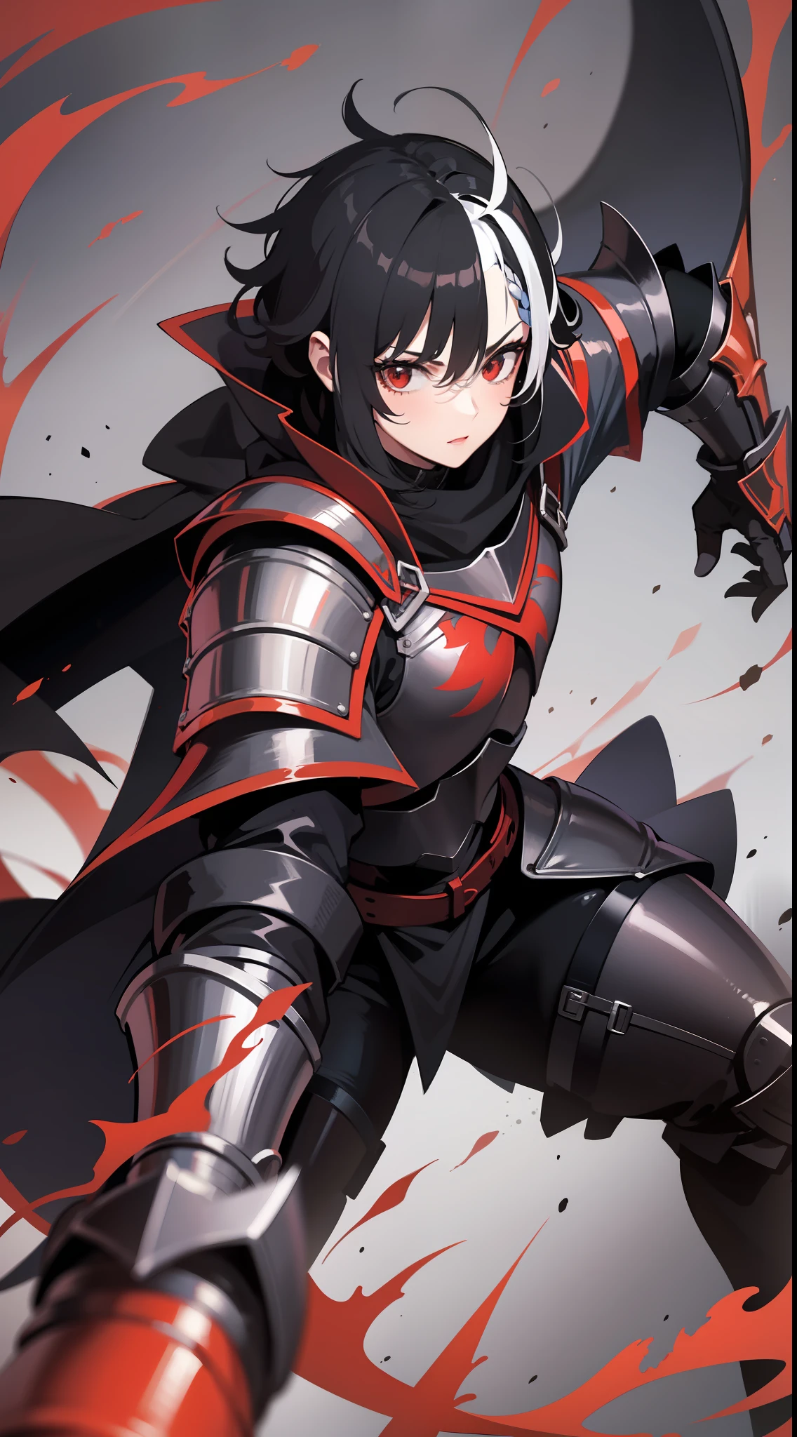 Tall guy, short black hair, red-eyes, knight armor, Battle Scythe, combat stance, Masterpiece, hiquality