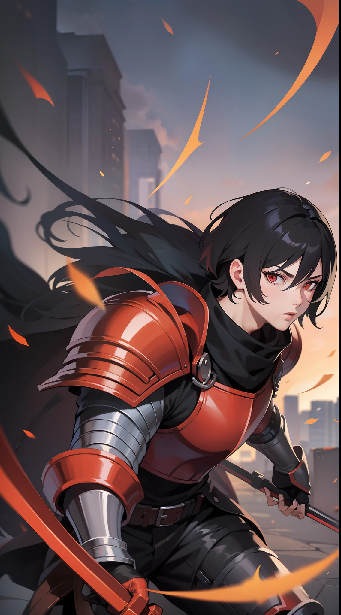 Tall guy, short black hair, red-eyes, knight armor, Battle Scythe, combat stance, Masterpiece, hiquality