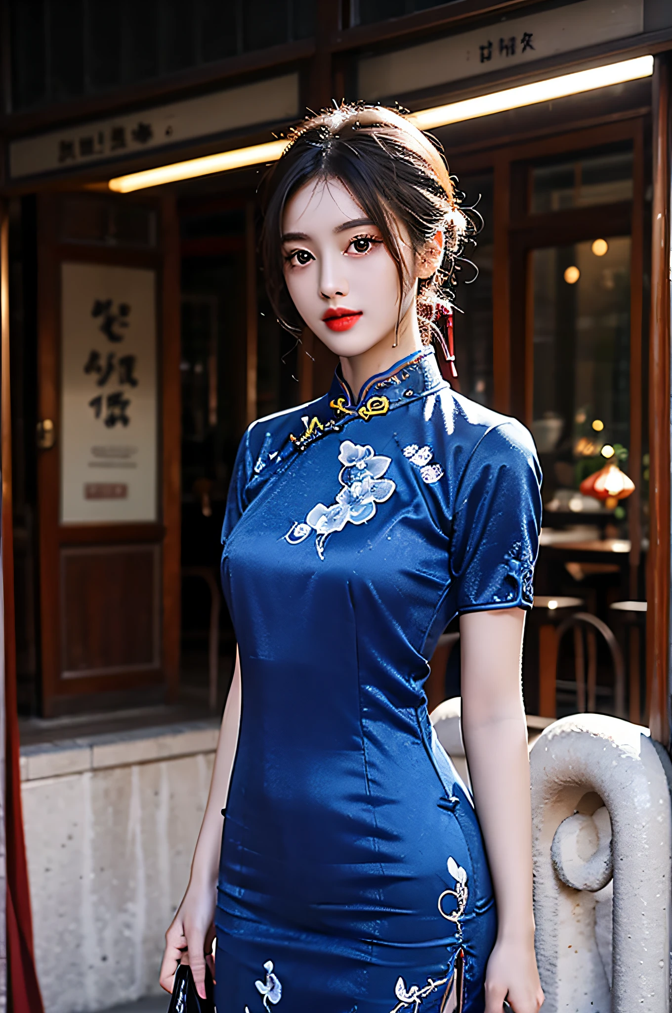 （Hyperrealistic,）4K,35mm，hyper-high detail, Professional lighting, Best quality, Ultra-high resolution, Visually stunning, (1girll:1.3), National style cheongsam,,realskin,（Perfect body 1.3）Ultra-fine face。