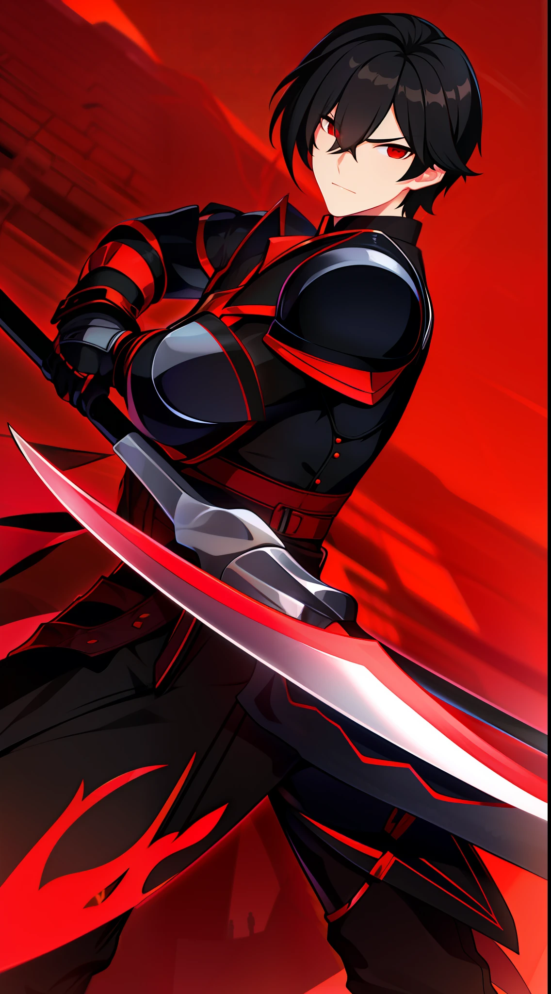 Tall guy, short black hair, red-eyes, knight armor, Battle Scythe, combat stance, Masterpiece, hiquality