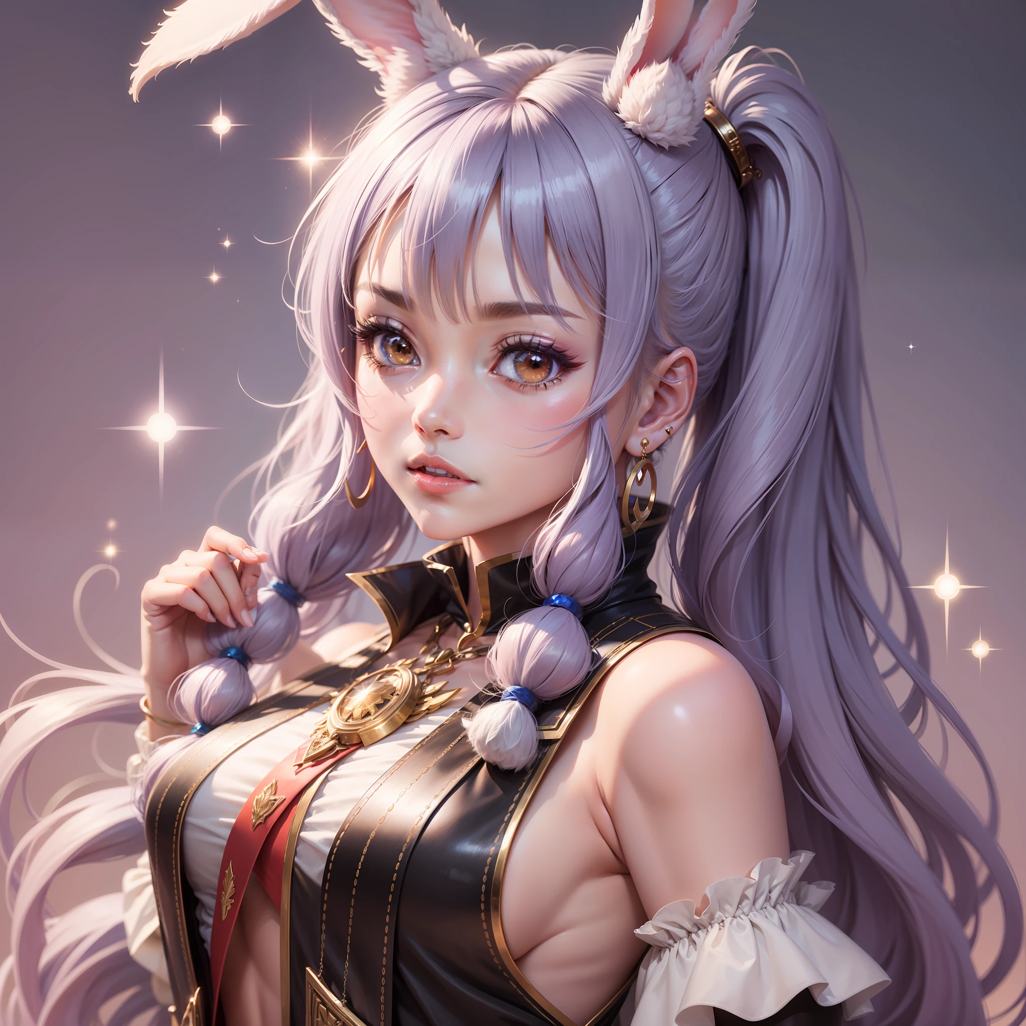 bangs, long hair, ponytail, twintails, rabbit ears, crescent earrings, sparkle, anime style, 16k