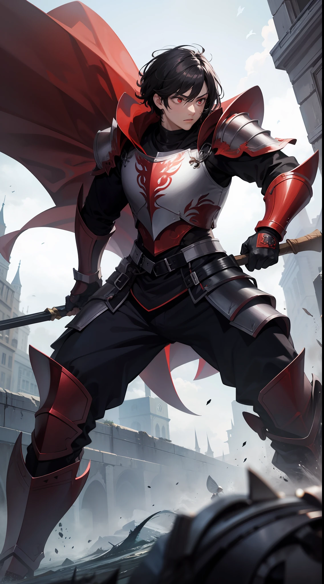 Tall guy, short black hair, red-eyes, knight armor, Battle Scythe, combat stance, Masterpiece, hiquality