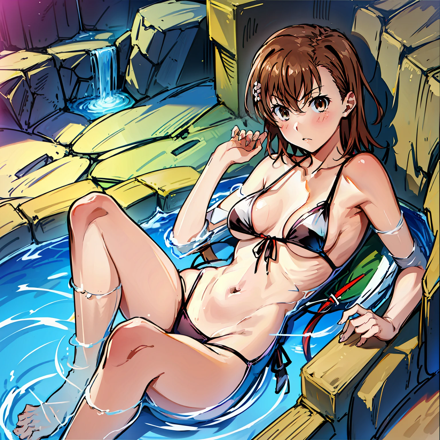 1girl, solamente, Misaka Mikoto, pelo corto, brown hair, brown eyes, orejas falsas animal, Orejas de gato, sonrojarse, bikini, bragas, swimming suit, de pie, bragas, inclinado adelante, orejas de gato negras, cuerpo completo, de pie frenta a un fondo de arena