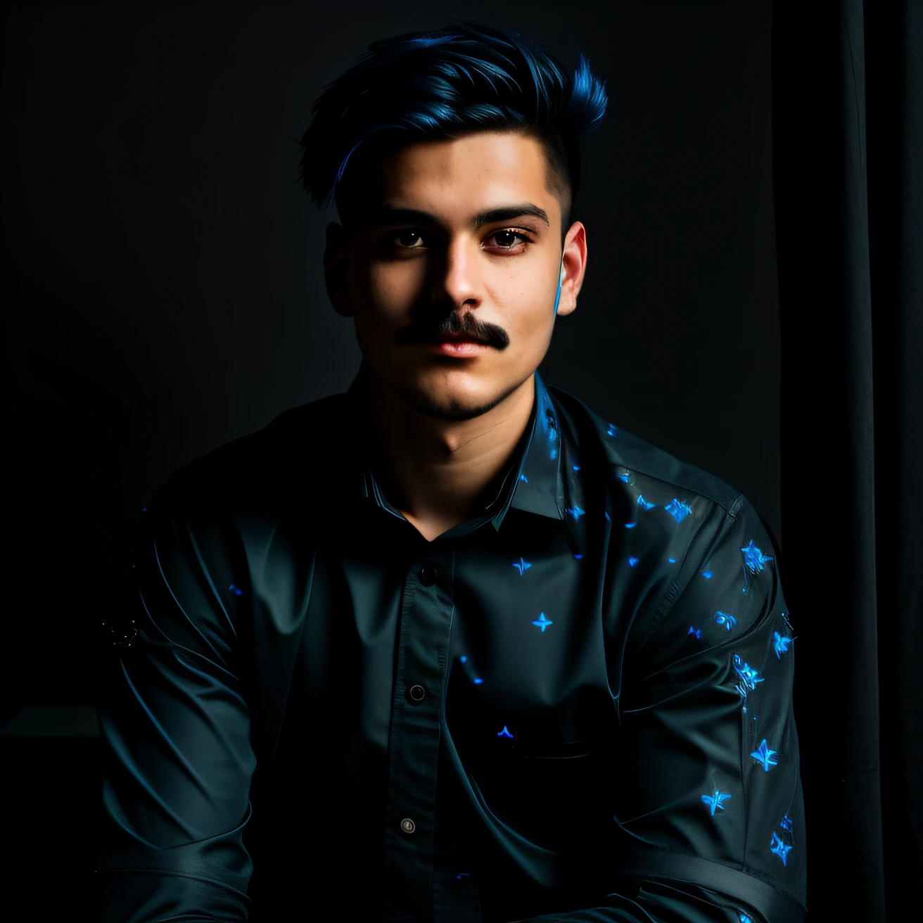 a cyberpunk boy and small hairs moustache sittingin dark and dark blue shirt