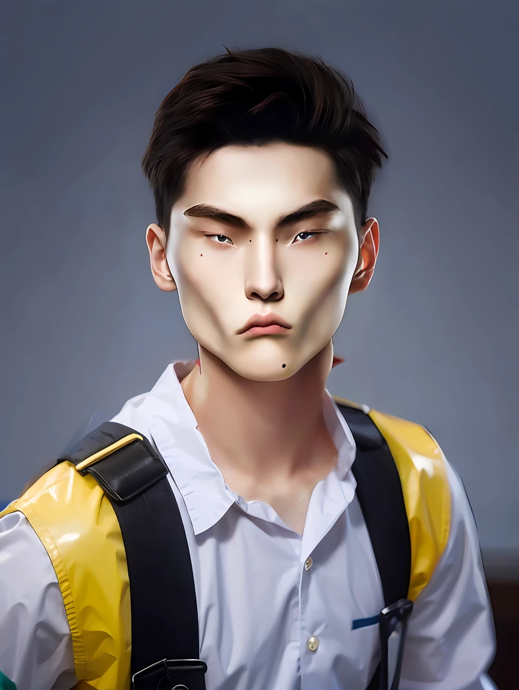 A male high school student，Wearing PVC yellow