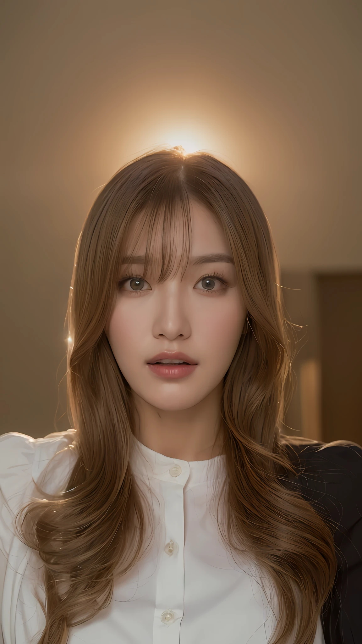 (Best quality, High resolution, Masterpiece :1.3), A tall and pretty woman, Slender abs, Dark brown hair styled in loose waves, Breasts, White button up shirt, Black pleated skirt, (Modern architecture in background), Details exquisitely rendered in the face and skin texture, Detailed eyes, Double eyelid