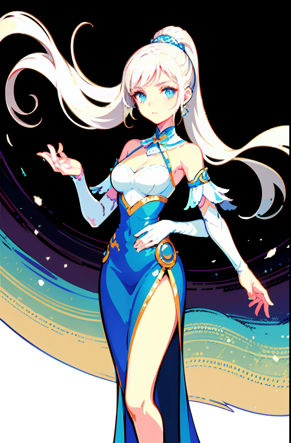 offcial art,品质最佳,finedetail,close-up all over the body,A beautiful white girl,Costumes for fantasy worlds,wearing a white skirt,Long white hair shawl,hair flowing,Very long ponytail,Manners are elegant,With a faint sad expression on his face,Floating in the air,Perfect figure。