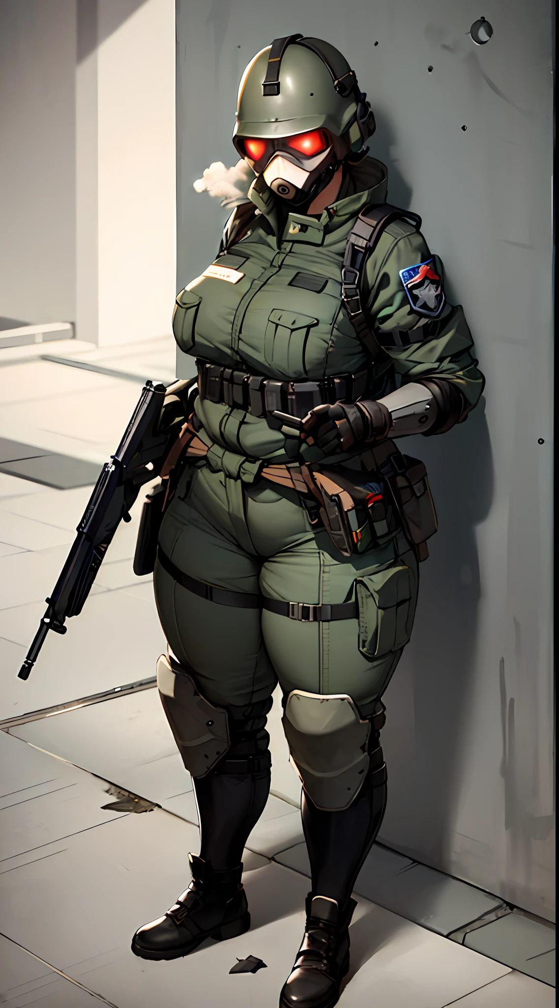 combine soldier, 1girl, solo, standing, helmet, gloves, looking at viewer, facing viewer, military, science fiction, jumpsuit, bulletproof vest, breasts, wide hips, skintight, combat boots, coat around waist, mechanic girl, holding shotgun, holster, chest rig, ammo pouches, satchel, toolbelt, vest collar, body armor, shoulder pads, thigh pads, kneepads, armor, high quality shadows, glowing eyes, straps, shotgun shells, menacing, thick thighs, riot gear, riot helmet, bullet proof visor, smoke in backround, concrete, looking at viewer, metal, grey body armor, molle
