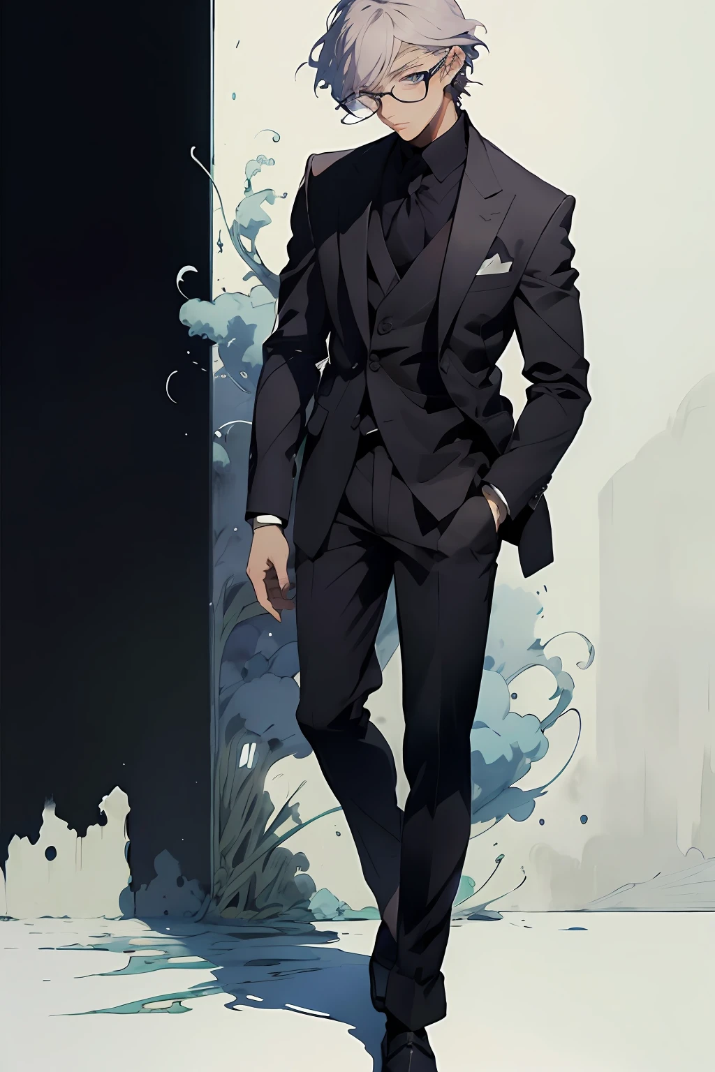 ANIME CHARACTERS, HANDSOME APPEARANCE, WEARING GLASSES, WEARING GORGEOUS SUITS, DIABOLIK LOVERS PAINTING STYLE, MASTERPIECE, 8K, SOLO, FULL BODY STANDING PAINTING, ILLUSTRATION, GOUACHE, DARKNESS, SOLO, DELICATE GLASSES