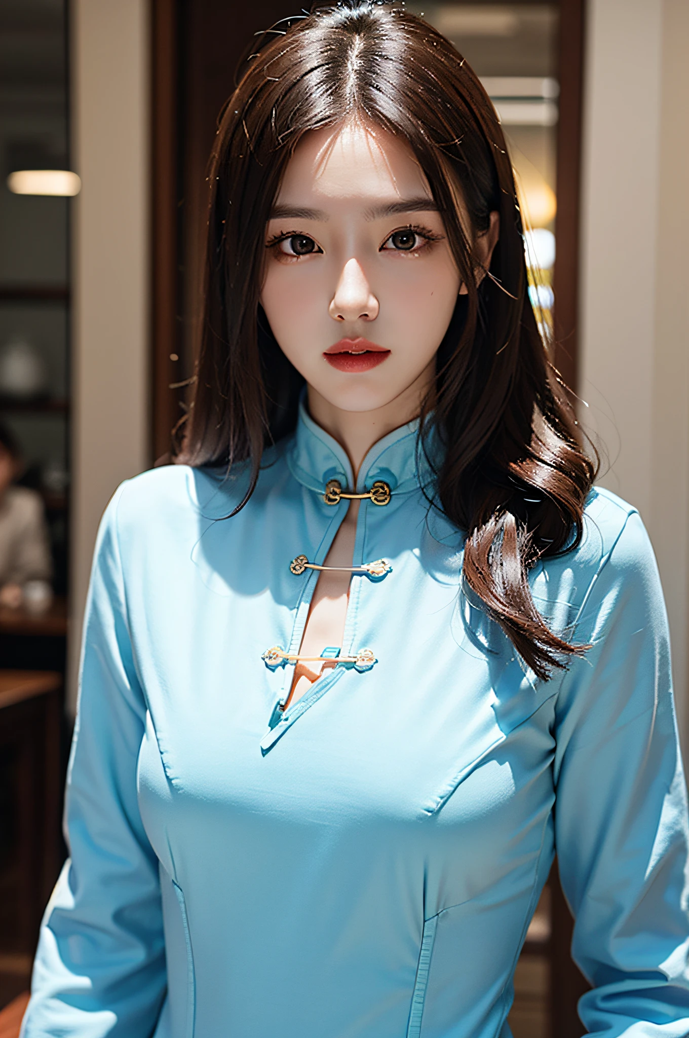 （Hyperrealistic,）4K,35mm，hyper-high detail, Professional lighting, Best quality, Ultra-high resolution, Visually stunning, (1girll:1.3), National style cheongsam,,realskin,（Perfect body 1.3）Ultra-fine face。