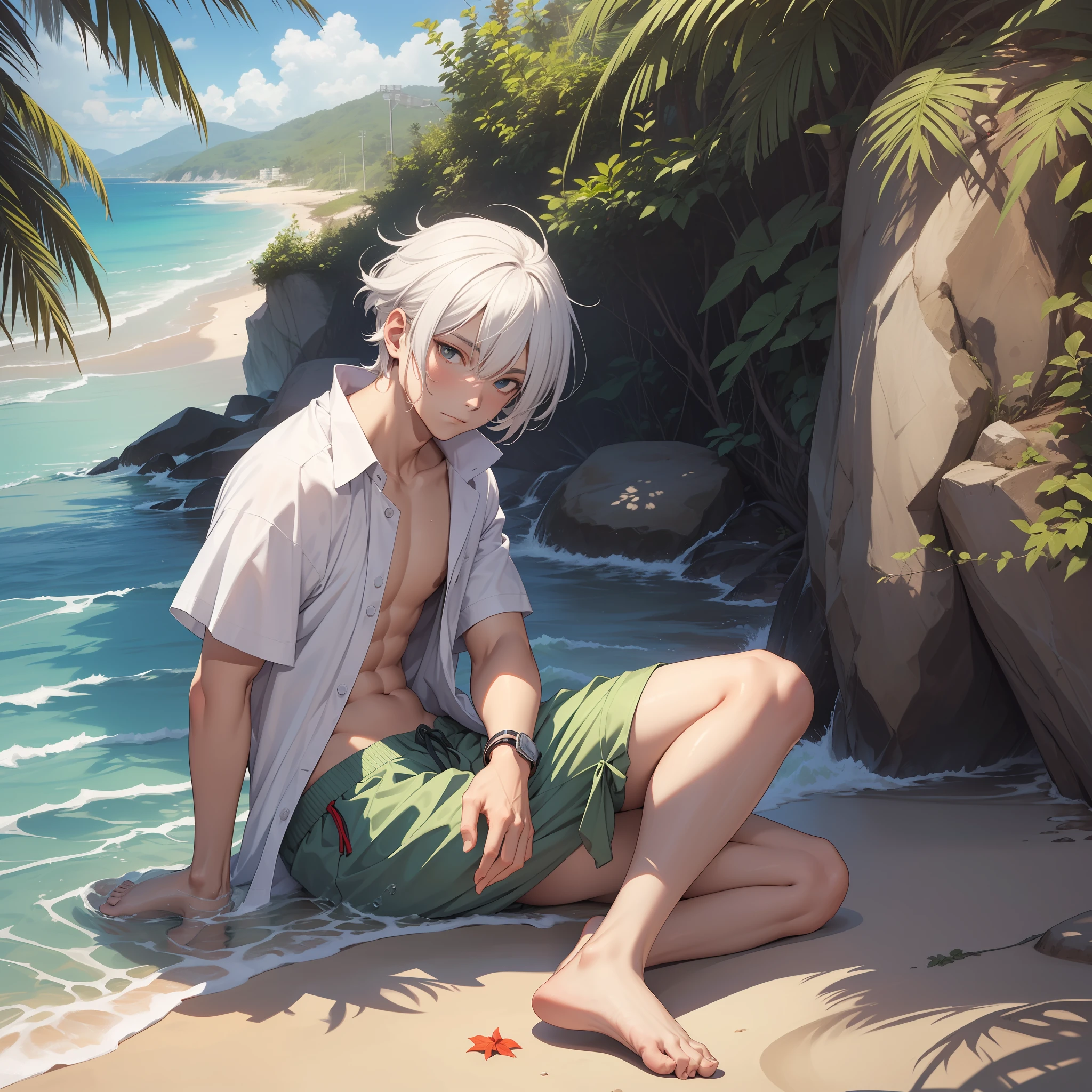 (absurderes, A high resolution, Ultra detailed, hdr), Masterpiece, Best quality, 1boy, Solo, Handsome, Short hair, I((Numagi Toga)), White hair, Closed mouth, Open shirt, swim trunks, beach, Clear sky and horizon, Sunny, ventania, From the side Side,(The barefoot)