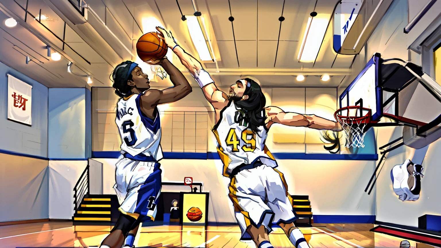 femele,basketball player,Yellow people,oriental face,Basketball game,Caps,long whitr hair,Black and white line plot