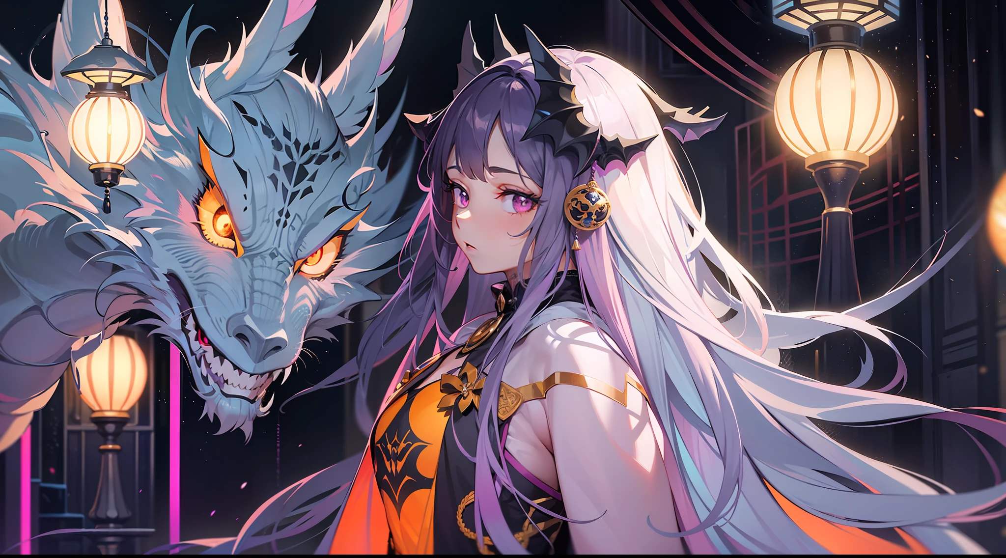 1 girl is smooth and flawless, dragon core, mysterious, little dark pale skin, cool face, big eyes, gradient hair in orange and white, dark fantasy aesthetics, mall gothic texture robe, neo-traditional japan interior, big lamp stand in purple with white neon grow, extreme fine detail, extremely ultra fine realistic, high contrast, absurd resolution, lots of black light orb, lots of light particles, extremely beautiful pastel art,