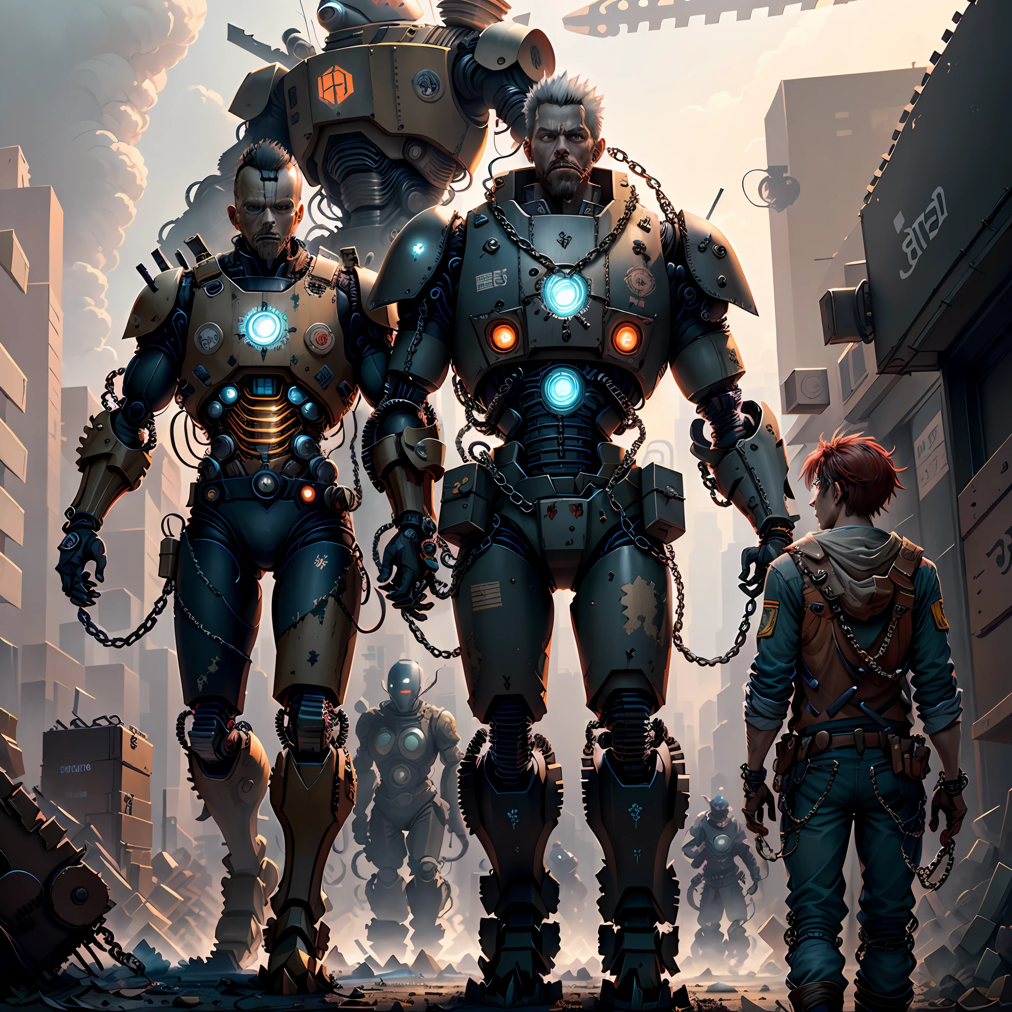 Dark_Fantasy,Cyberpunk,(chain saw,chain saw man,Red:1.1),1man,Mechanical marvel,Robotic presence,Cybernetic guardian, wearing a worn-out mech suit, intricate, (steel metal [rusty]), elegant, clear focus, shot by greg rutkowski, soft lighting, vibrant colors, masterpiece, ((street)), cowboy shot, dynamic pose,