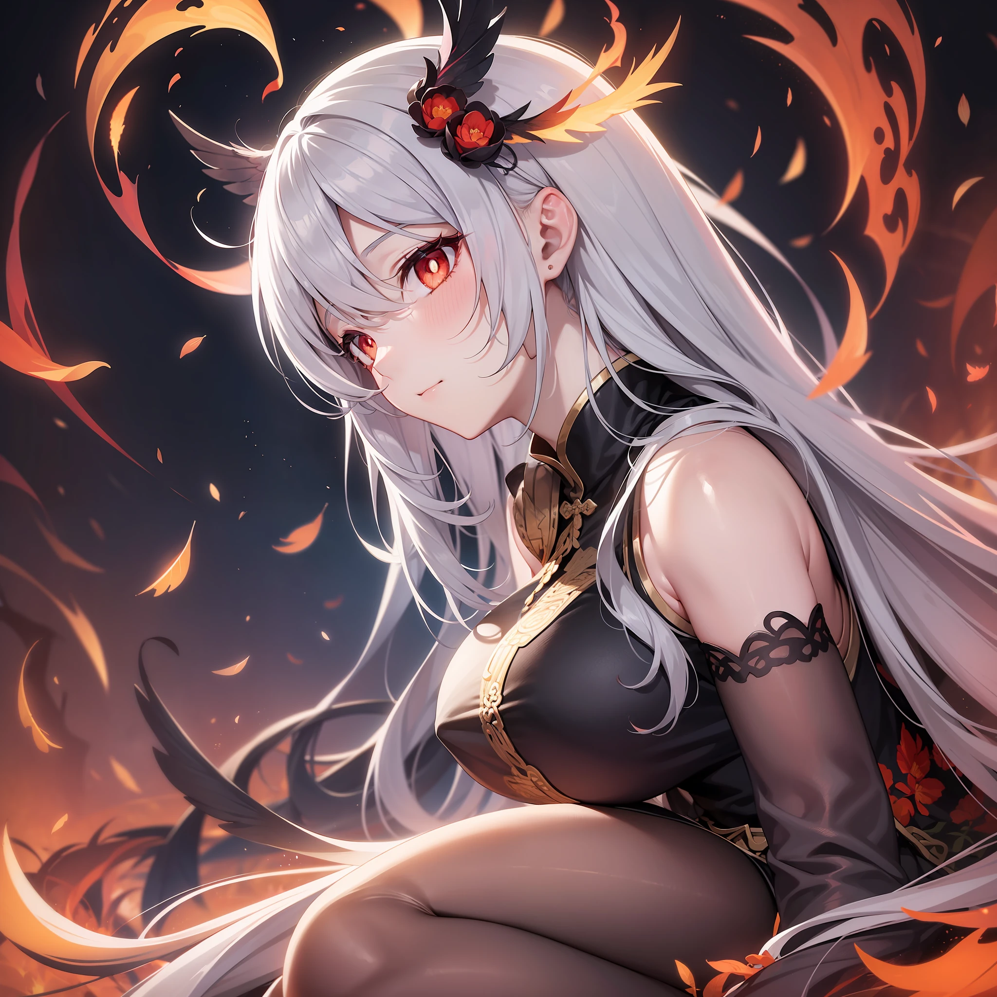 Animated with long silver hair,Red pupils,Red pupils that glow like flames,Behind her was a pair of huge wings of flame,Every feather shines like a flame,Wings surround the body,adolable,naïve,Sit quietly,sideface,sad,1人,The upper part of the body,Set against the backdrop of a burning sky and a sea of fire,Red flame feathers grow on the body,China-style