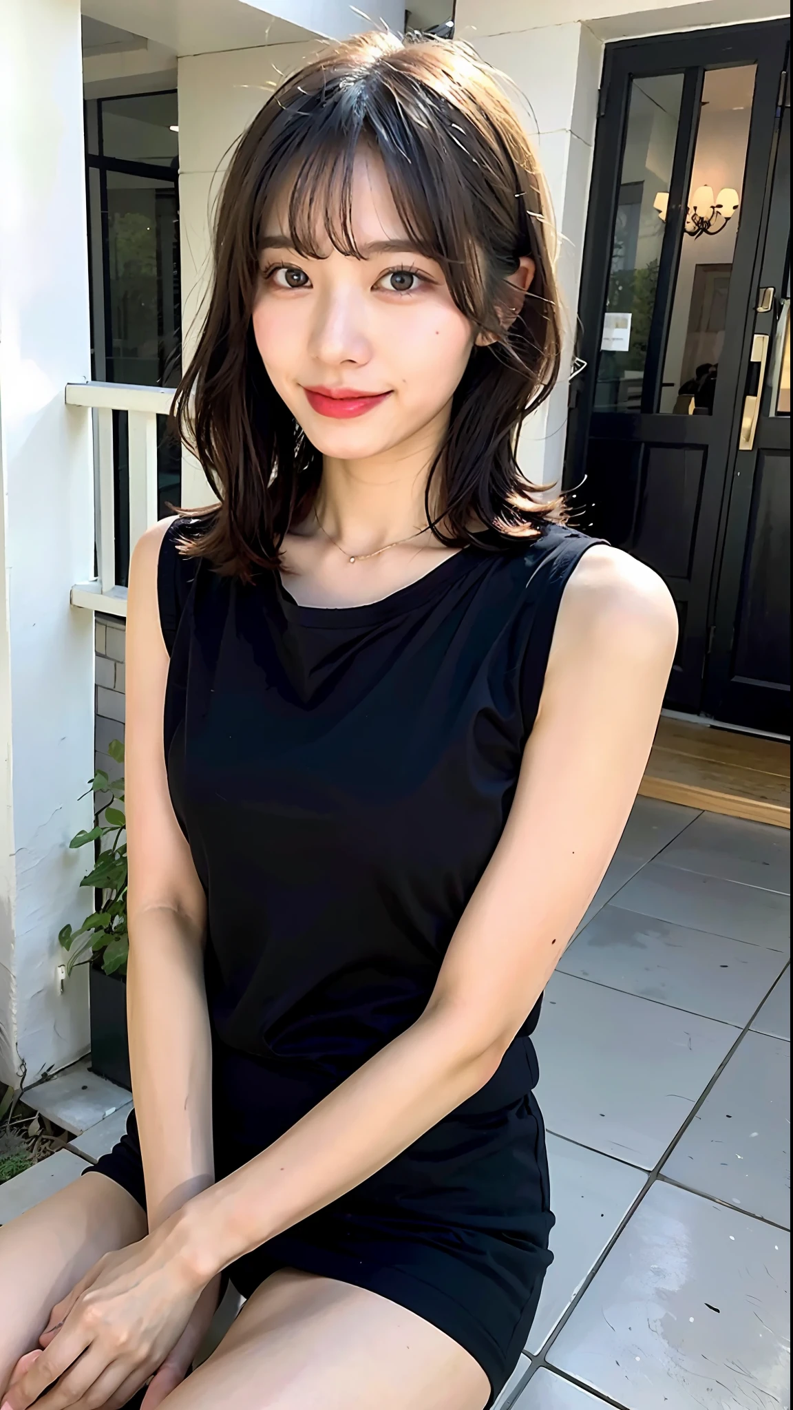 (top-quality、8K、32K、​masterpiece、nffsw:1.2)、Cute Japan pictures of married girls、18year old、short-hair、A smile、beauitful face、(Slouched:1.3)、crouching down、(From  above:1.2)、(a closeup:1.4)、POV、sleeveless t shirt、large full breasts、(beautiful nipple slips:0.9)、outside of house、the wind、shinny skin、blurry backround、