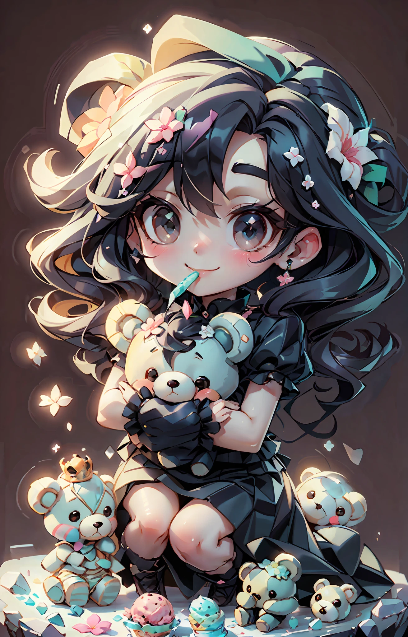 plastican00d, 1girll, tchibi, Black hair, Luxury fabrics, dither, Ice cream texture,Profound,Look at the audience head-on, Striped background,ta prostitute,ssmile,Holding a teddy bear,hyper qualit,Clear background,Wearing a flower crown on his head,