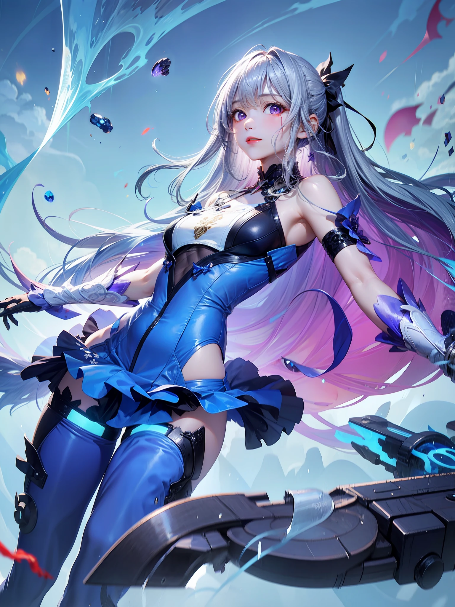 (8k, RAW photo, best quality, masterpiece:1.2), ultra detailed, official art, 1girl, japanese clothes, ponytail ,white hair, purple eyes, magic circle, blue fire, blue flames, wallpaper, landscape, blood, blood splatter, depth of field, night, light particles, light rays, sidelighting, thighs,skirt, thighhighs, cloudeyes, glowing eyes, crop top