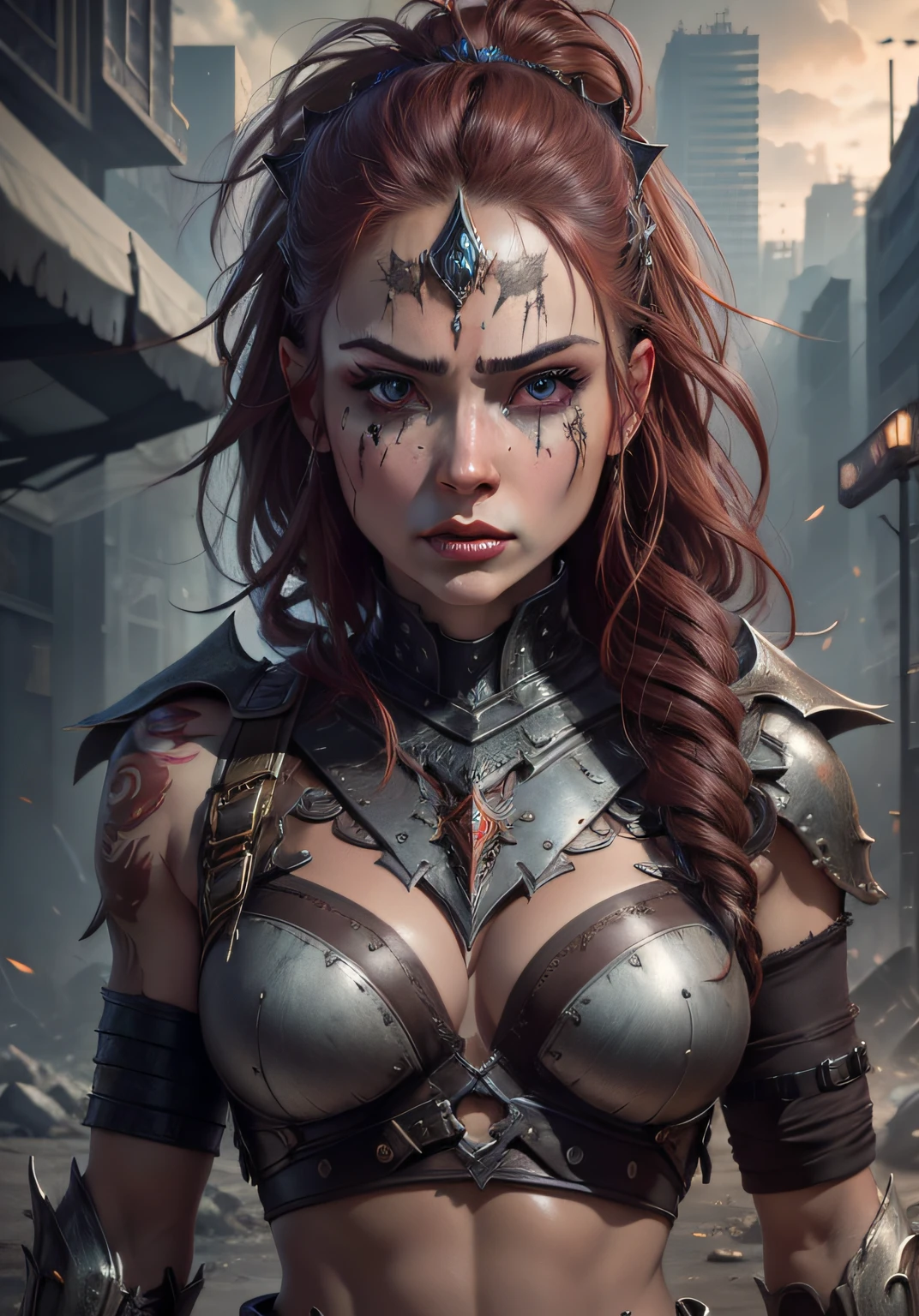 intense gaze, anger, a hyper realistic ultra detailed photograph of a futuristic beautiful barbarian woman wearing at a dystopian city, tattered outfit with rusty metal armor plates, long wild drill hair light red tint, tattooed hands and body, fashion pose, detailed symmetric beautiful hazel eyes with circular iris, detailed gorgeous face, apocalyptic environment, natural body posture, professional photographer, captured with professional DSLR camera, professional fantasy artists, professional rococo and baroque background artists, professional artstation and cgsociety artists, professional official art artists, rococo and baroque,64k,ultra detailed, ultra attractive beautiful,ultra accurate detailed, ultra attractive lighting, ultra unreal engine, by TanvirTamim, intricate, epic, trending on artstation, by artgerm, h. r. giger and beksinski, highly detailed, vibrant, loin cloth. --auto