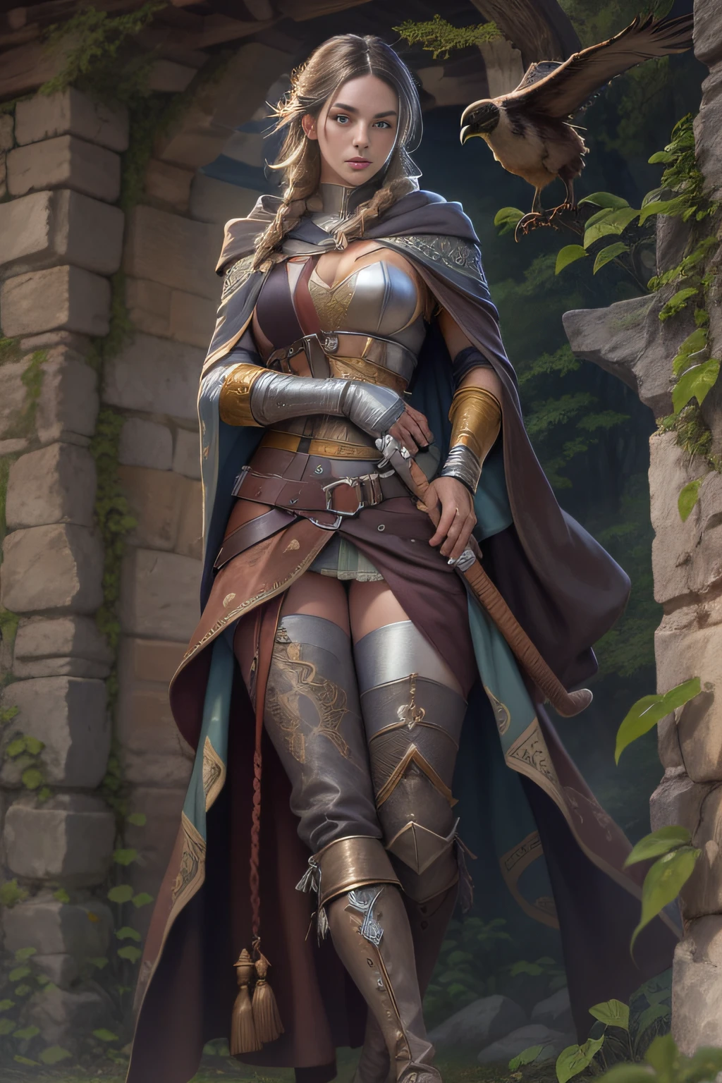 (masterpiece, best quality), photorealistic rendering, game cg cinematic, abstract and colorful drawing style, 1 girl, sexy figure, freckles, sexy posing, silver fishtail braid, solo, (full body:0.6), detailed background, detailed face, (stone theme:1. 1) falconer, falconer's gloves, slight smile, medieval fantasy, high fantasy, brown leather clothing, cloak, hood, belts, belt, belt, enchanted forest, bushes, vines, rocks, lake, (Style-SwampMagic:0.4), roots, leaves, ferns, (butterflies:0.9), feathers, wildlife, sunlight