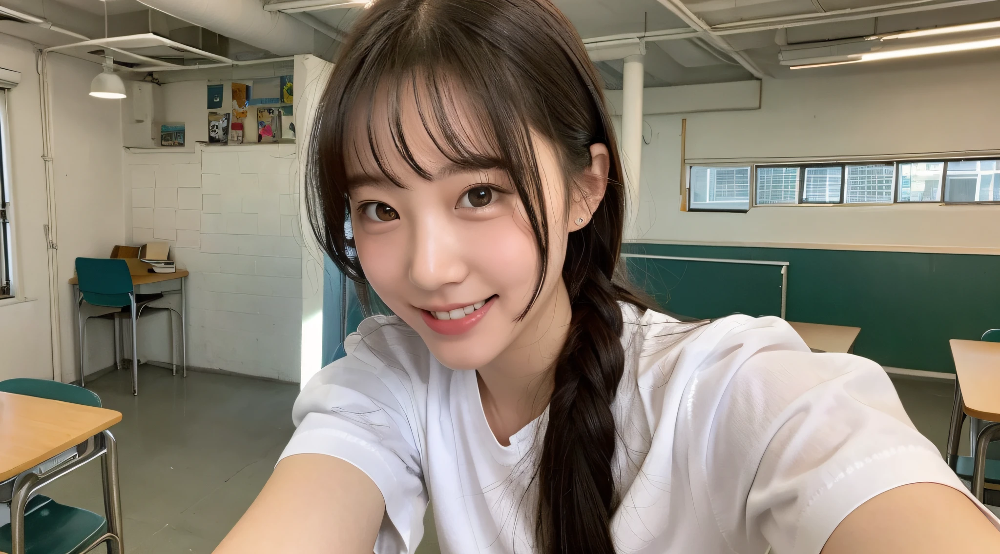 Clear focus，A schoolgirl，white  shirt，Superskirt，Raised sexy，ssmile，peeking at the viewer，bright schoolhouse，Upper body is shown