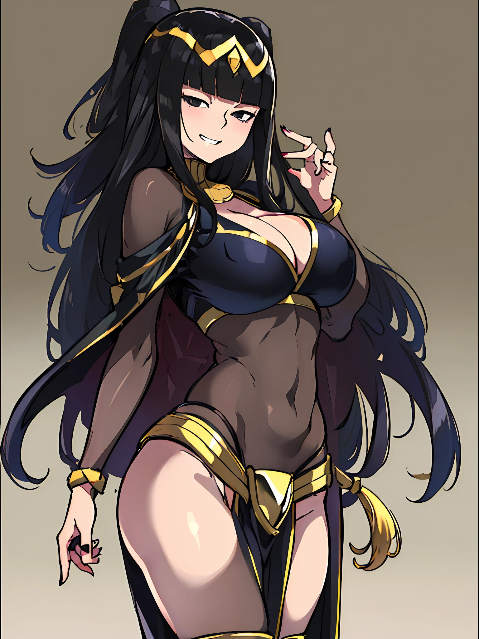 ((masterpiece:1.2)), best quality, ((extreme detail)),(ultra-detailed), anime screencap, extremely, detailed, (official art), CG, 4k, wallpaper, (((1girl))), (((solo))), blunt bangs, hime cut, tharja, tharja(fire emblem), ((black eyes)), black hair, long hair, gold loincloth, gold-lined, (bodystocking), gold hairband, gold collar, looking at viewer, wide hips, (((half closed eyes))), (full body view), ((large )), (((grin))), thick thighs, ((shaded_face:1.3)), ((simple background)),