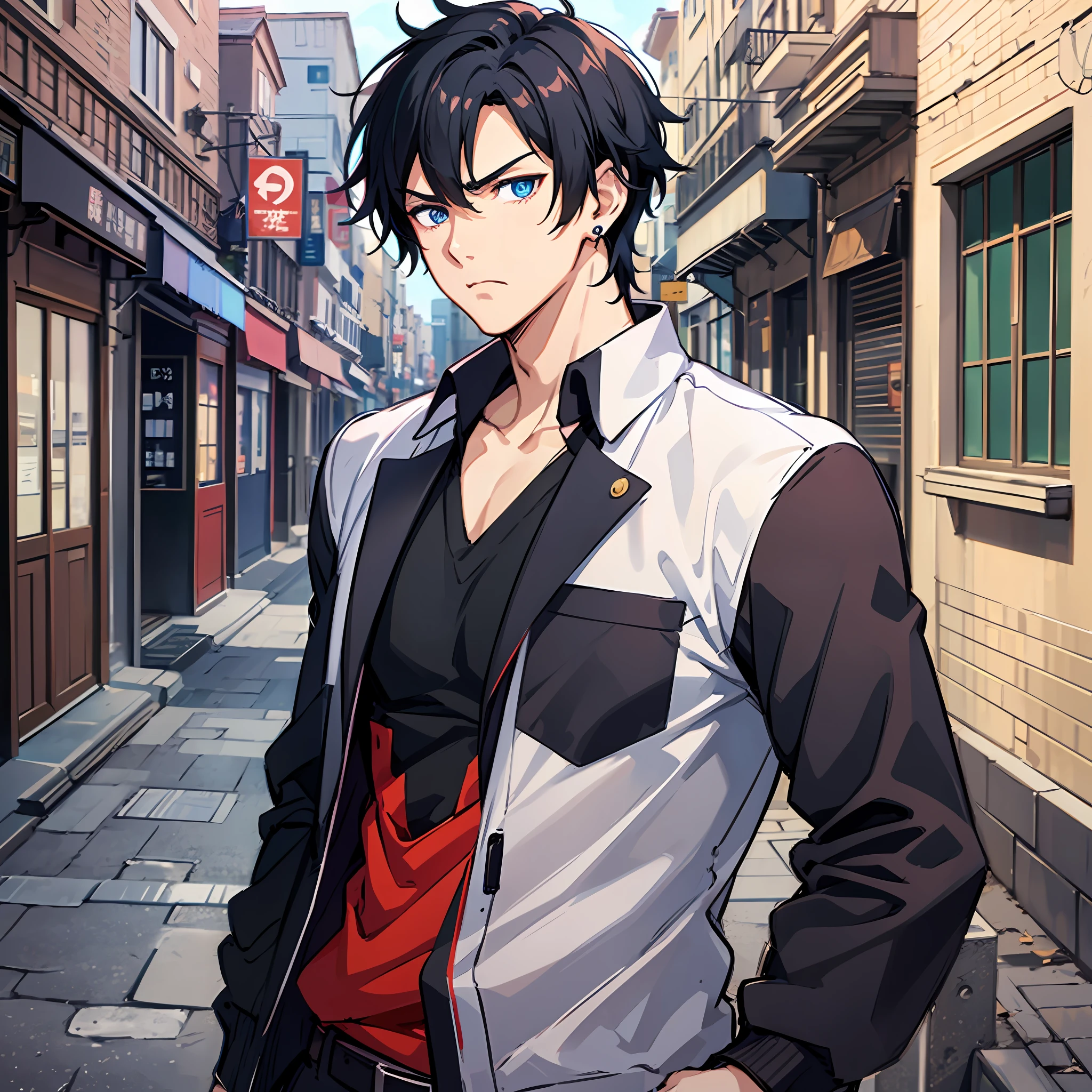 Anime characters in white T-shirts，In quaint streets，Stand in front of the chair，angry, scowl, raised eyebrow, upset，Tall anime man with blue eyes，young anime man，Anime handsome man，Anime portrait of a handsome man，anime moe art style，Male anime style，inspirado em Okumura Masanobu，male anime character，Anime boys，High Quality Anime Art Style，Handsome anime pose，smooth anime cg art，with short black hair，Black stud earrings