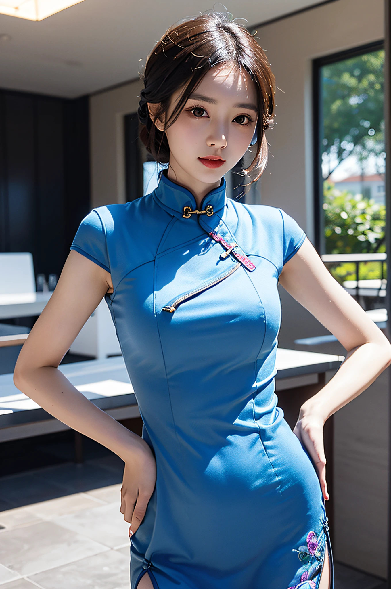 (Hyperrealistic,)4K,35mm,hyper-high detail, Professional lighting, Best quality, Ultra-high resolution, Visually stunning, (1girll:1.3), National style cheongsam,,realskin,(Perfect body 1.3)Ultra-fine face。