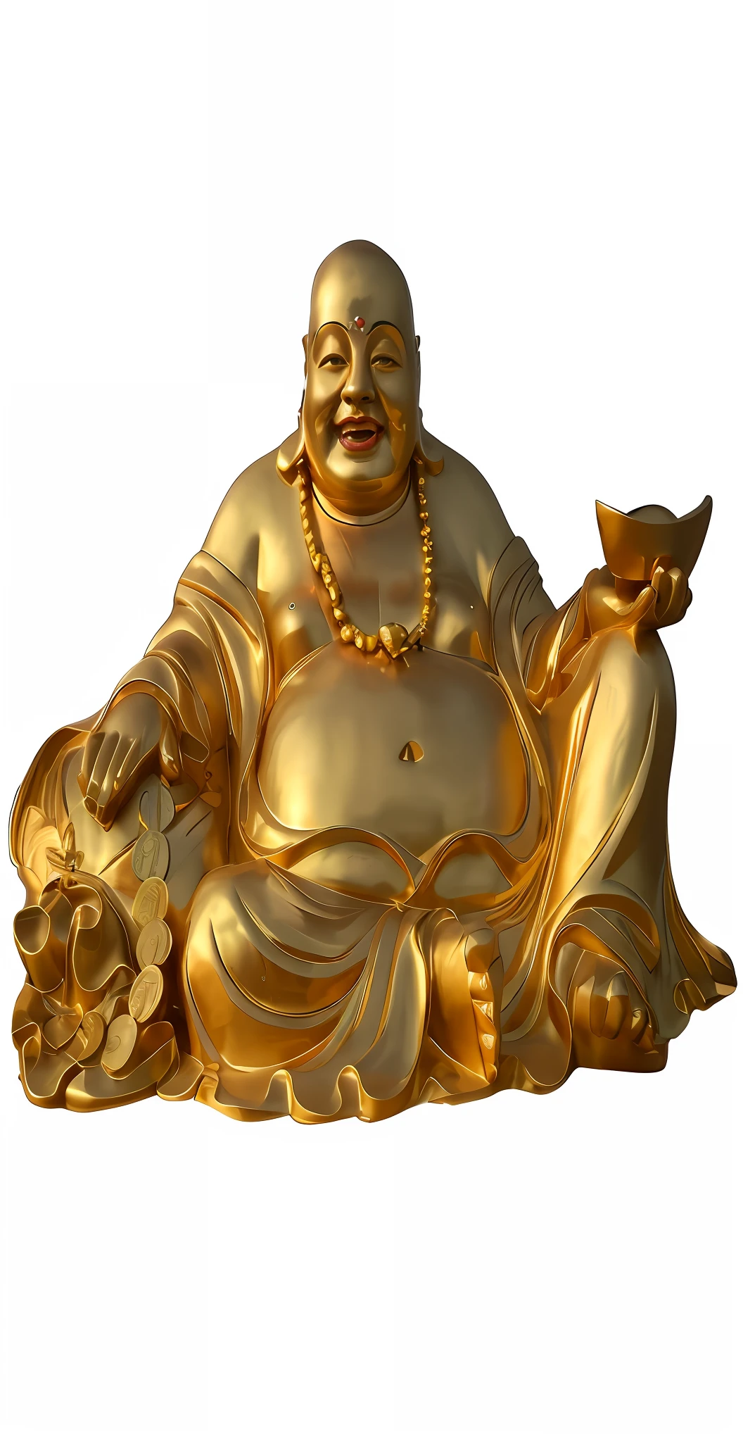 Araki Island Smiling Buddha statue sitting on a chair, God of Wealth, Buddha, Buddhism, a Buddhist Buddha, Buddhist, sculpture made of gold, divine render, author：Shen Zhecai, gold, shui mo hua, hotei is on the table, sitting on a pile of gold coins, beautiful gold saint, triumphant pose