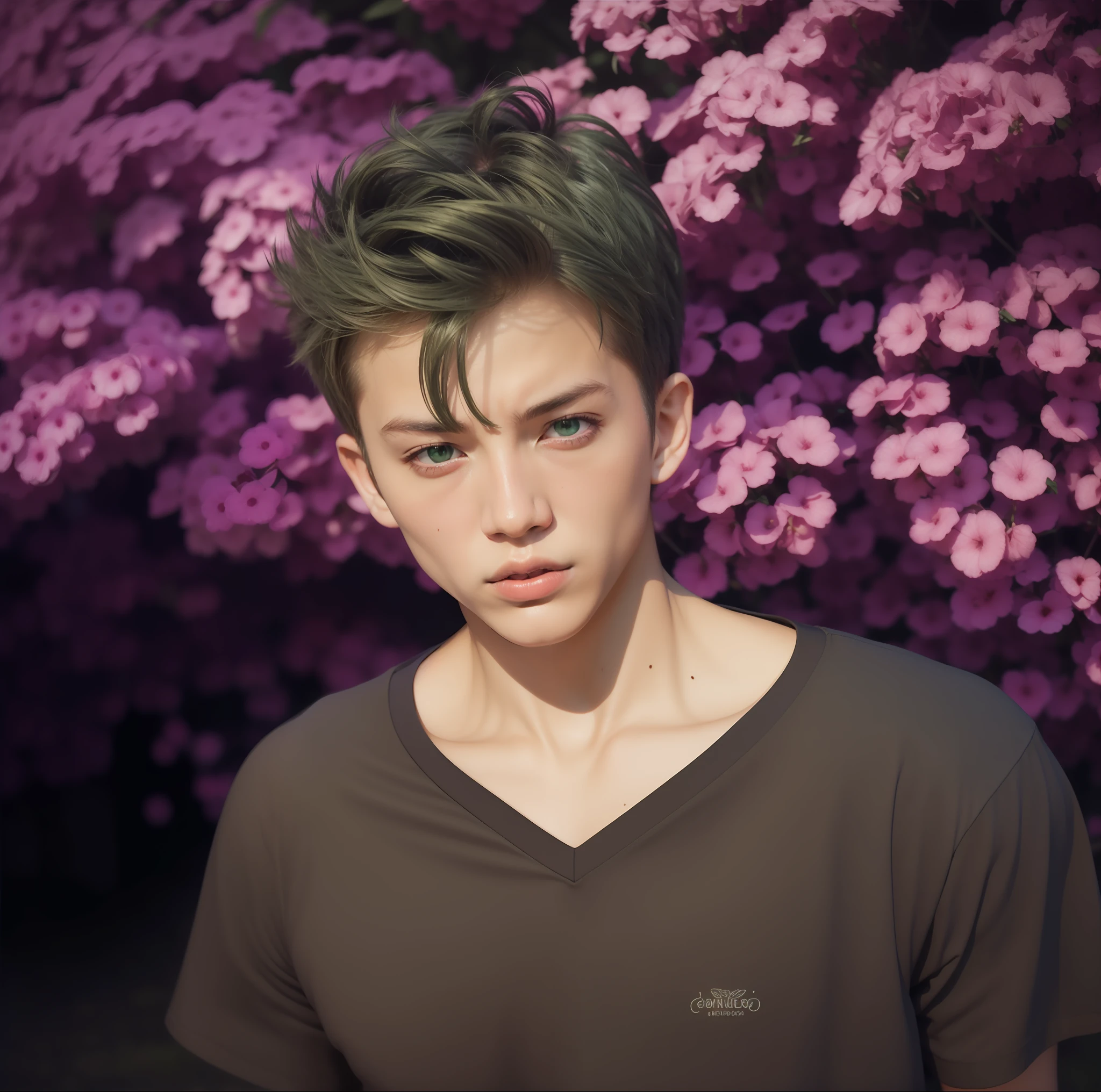 boy, Raiden Shuga, handsome, brown t-shirt, green hair, green eyes, realistic, ultra detail, 70mm lens,