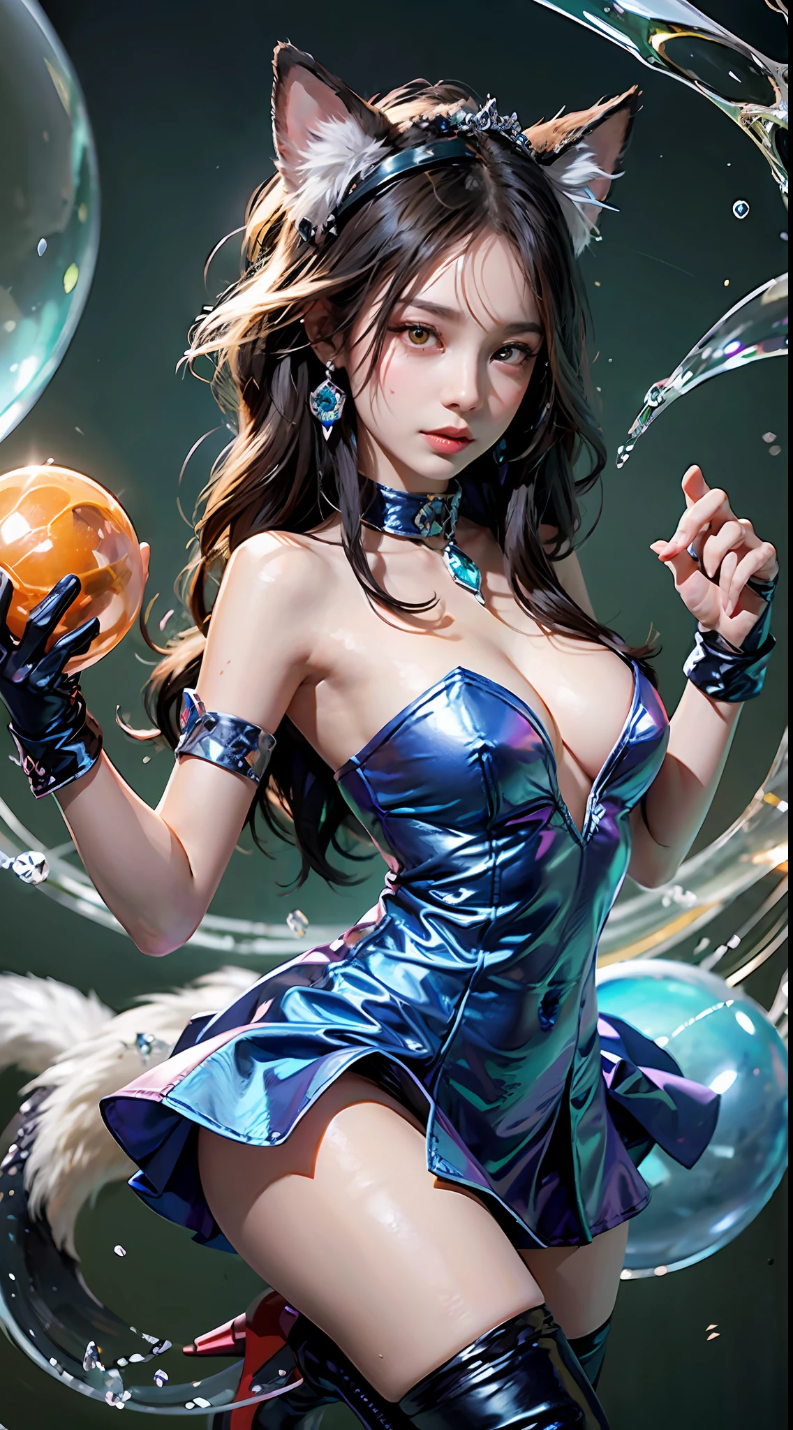 tiara, sailor senishi uniform, blue sailor collar, perfect face knee boots, white gloves, elbow gloves, jewelry, earrings, blue skirt, cowboy shooting, sphere, crystal ball, 1 girl water jade tree water, a beaver, a fox \ (League of Legends), K/DA\ (League of Legends), animal ears, face markings, fox ears, fox tail, orange eyes, multiple tails, tail,