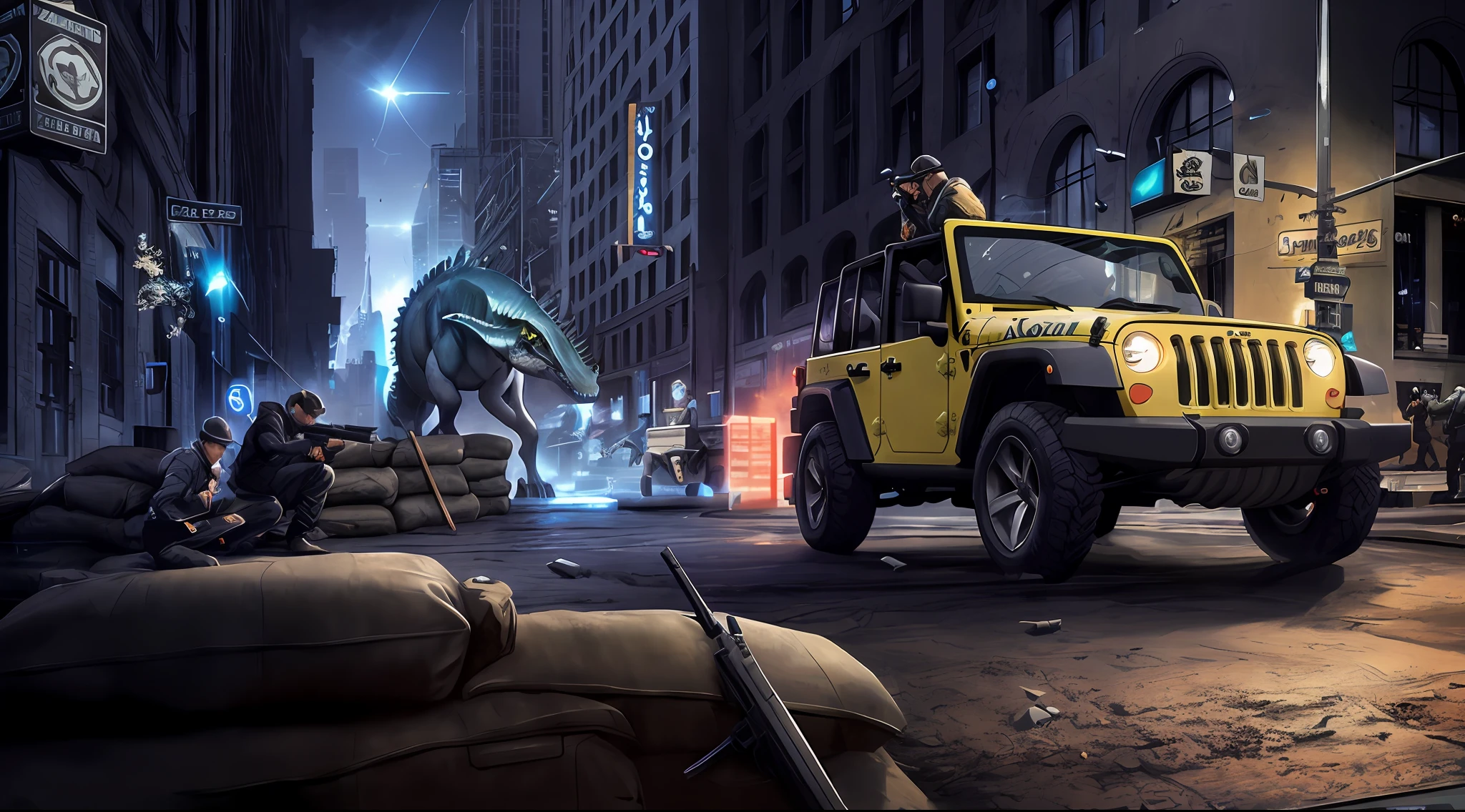 A jeep stood on the street，A man in the car,Back Shadow，Assault rifle in hand，On the side of the sandbag pile crouched two armed humans，Planes，Dinosaur Stunning photo real concept art, 3 d epic illustrations, highly realistic concept art, Arte conceptual fotorrealista, photorrealistic concept art, photorealistic dark concept art, wojtek fus, fps game concept art, Stylized urban fantasy artwork, GTA loading screen art, Cinematography concept art