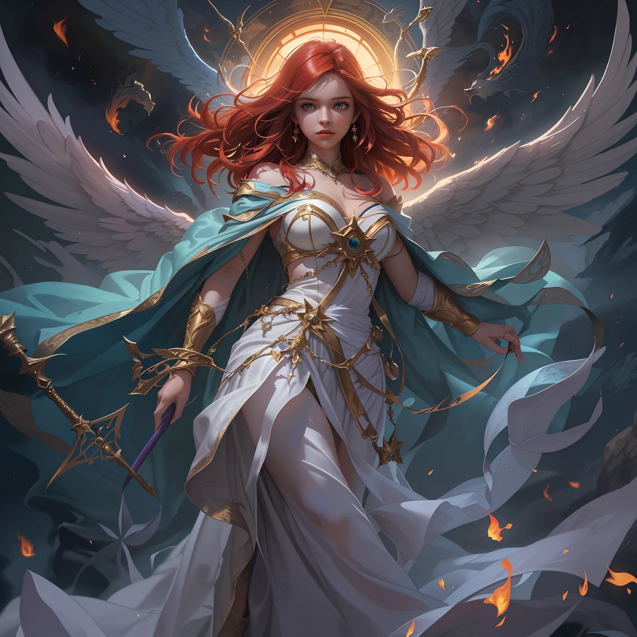 8k, ultra detailed, masterpiece, best quality, (extremely detailed), arafed, dnd art, panoramic view, full body, aasimar sorceress casting a flaming spell,  aasimar, female, (Masterpiece 1.3, intense details), female, sorceress, casting flaming spell (Masterpiece 1.3, intense details) large angelic wings, azure angelic wings spread (Masterpiece 1.3, intense details), fantasy magical background (Masterpiece 1.5, intense details), moon, stars, clouds, wearing white robe, purple cloak, flowing robe (Masterpiece 1.3, intense details), high heeled boots (Masterpiece 1.3, intense details), armed with staff, red hair, green eyes, intense eyes, feminine, ultra detailed face, (Masterpiece 1.5, best quality), anatomically correct (Masterpiece 1.3, intense details), determined face, divine light, cinematic lighting, soft light, silhouette, photorealism, panoramic view (Masterpiece 1.3, intense details) , Wide-Angle, Ultra-Wide Angle, 8k, highres, best quality, high details