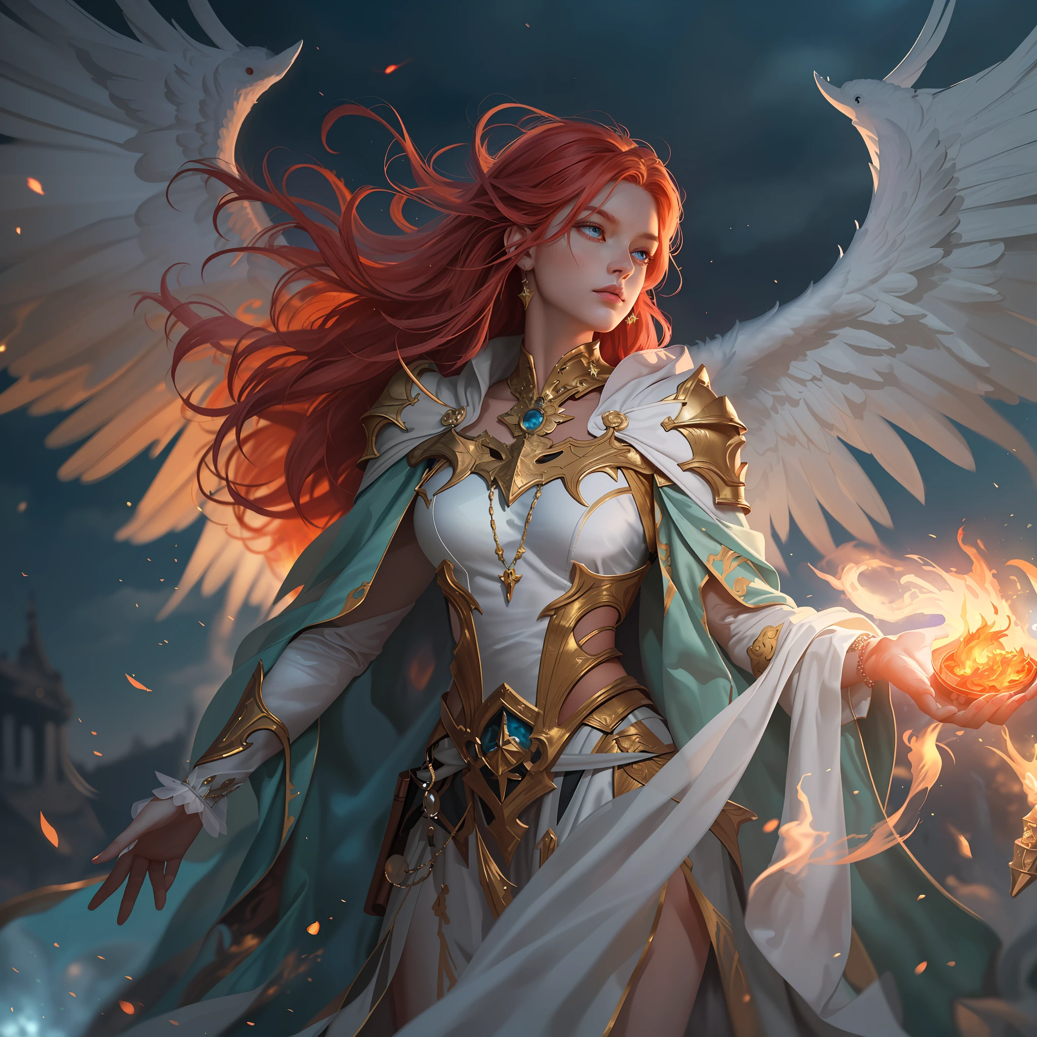 8k, ultra detailed, masterpiece, best quality, (extremely detailed), arafed, dnd art, panoramic view, full body, aasimar sorceress casting a flaming spell,  aasimar, female, (Masterpiece 1.3, intense details), female, sorceress, casting flaming spell (Masterpiece 1.3, intense details) large angelic wings, azure angelic wings spread (Masterpiece 1.3, intense details), fantasy magical background (Masterpiece 1.5, intense details), moon, stars, clouds, wearing white robe, purple cloak, flowing robe (Masterpiece 1.3, intense details), high heeled boots (Masterpiece 1.3, intense details), armed with staff, red hair, green eyes, intense eyes, feminine, ultra detailed face, (Masterpiece 1.5, best quality), anatomically correct (Masterpiece 1.3, intense details), determined face, divine light, cinematic lighting, soft light, silhouette, photorealism, panoramic view (Masterpiece 1.3, intense details) , Wide-Angle, Ultra-Wide Angle, 8k, highres, best quality, high details