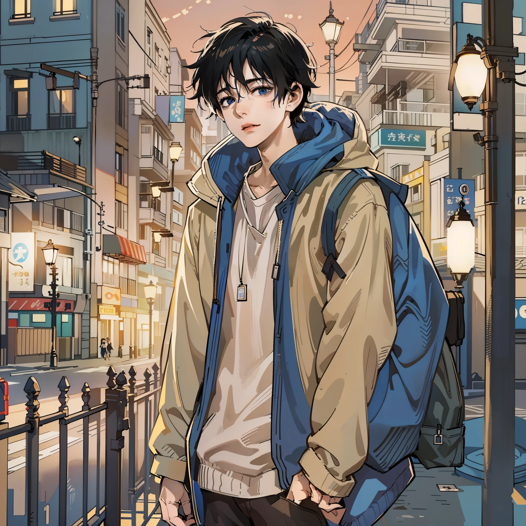 a sketch of an anime boy, black wavy hair, blue eyes, printed graphic sweater over white t-shirt, beige shirt, knee high socks, sneakers, street, boy standing on a street, leanimg on lamp post, nighttime, soft and warm lighting, aesthetic vibe, ((1boy)), ((solo, one guy, solo photo, alone)), passport shot