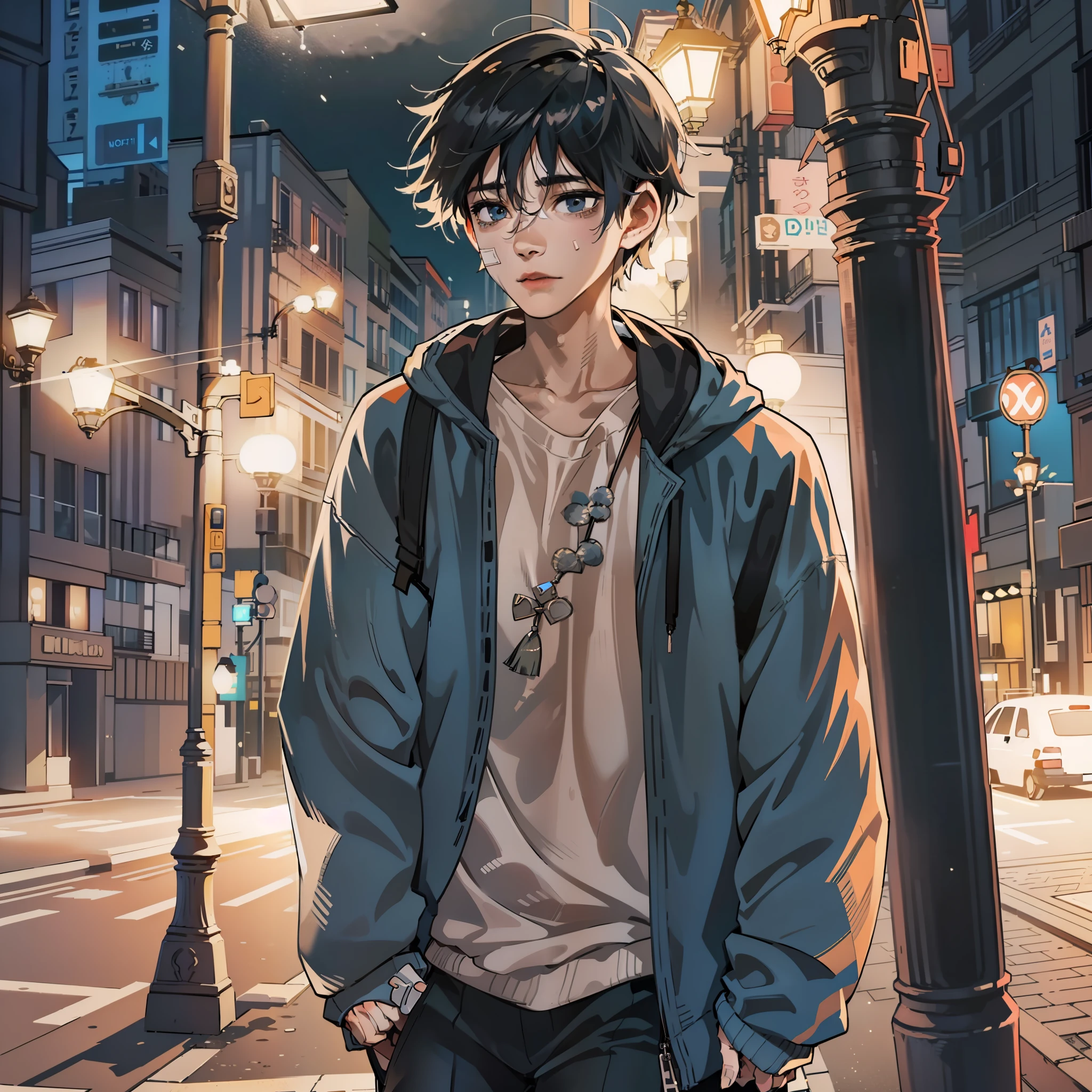 a sketch of an anime boy, black wavy hair, blue eyes, printed graphic sweater over white t-shirt, beige shirt, knee high socks, sneakers, street, boy standing on a street, leanimg on lamp post, nighttime, soft and warm lighting, aesthetic vibe, ((1boy)), ((solo, one guy, solo photo, alone))