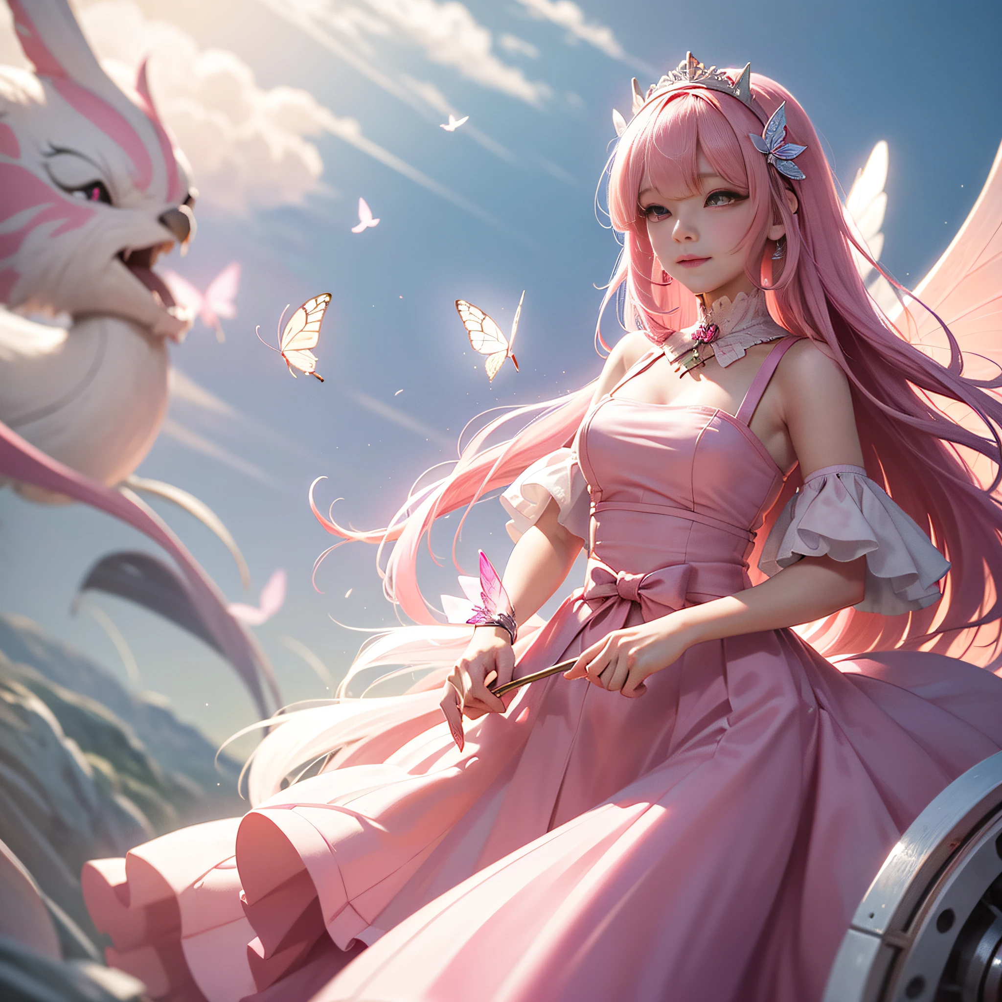 Pure girl，pink long skirt，A pink-haired，Bangs between the eyes，pink hairband，Butterfly dress，Bow on waist，Corolla on the head，Gradient pupil color，a pink eyes，Smile shyly，half lidded eye，Butterfly in hand，White feathers，butterfly wings，Need，best qualtiy，hyper-detailing，8K