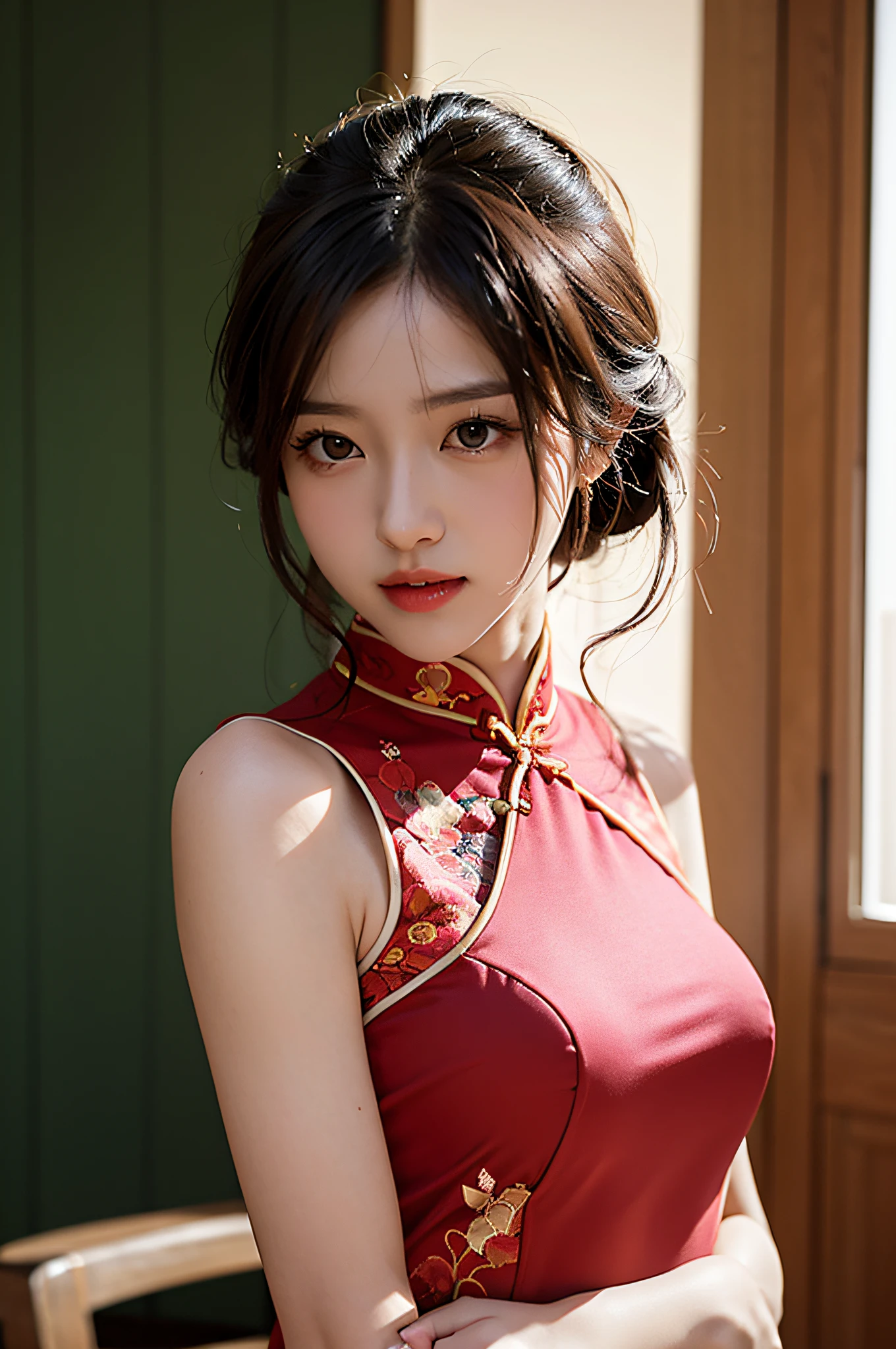 (Hyperrealistic,)4K,35mm,hyper-high detail, Professional lighting, Best quality, Ultra-high resolution, Visually stunning, (1girll:1.3), National style cheongsam,,realskin,(Perfect body 1.3)Ultra-delicate face。