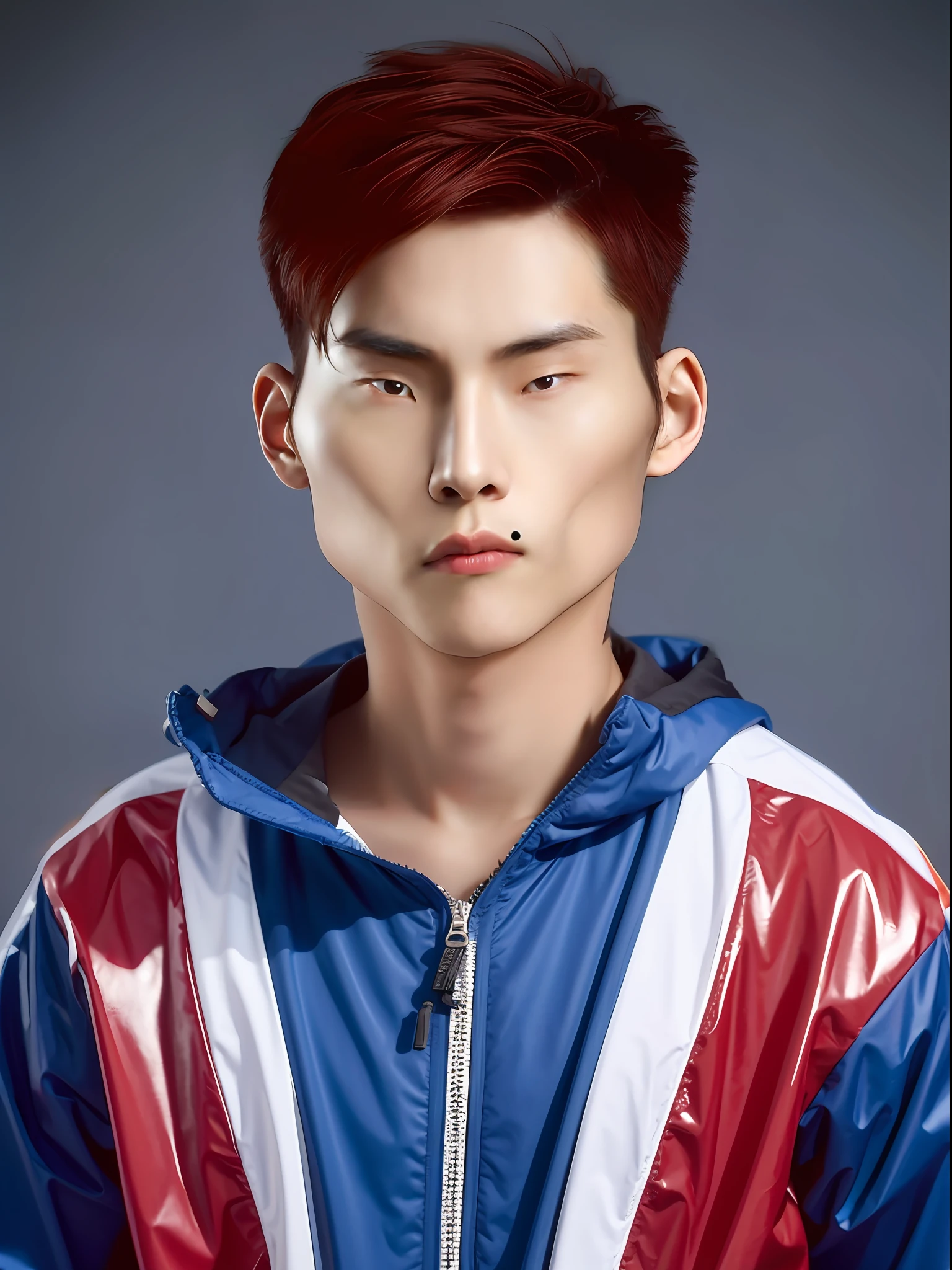 Chinese male high school student,Wearing PVC light blue tracksuit