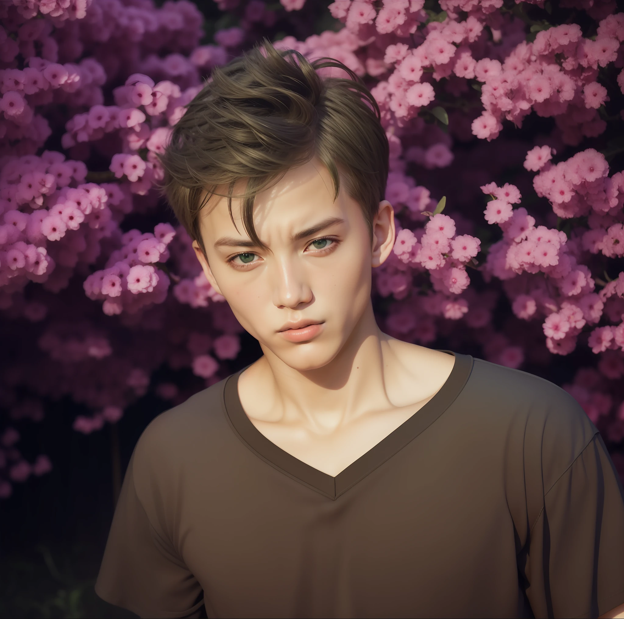 boy, Raiden Shuga, handsome, brown t-shirt, green hair, green eyes, realistic, ultra detail, 70mm lens,