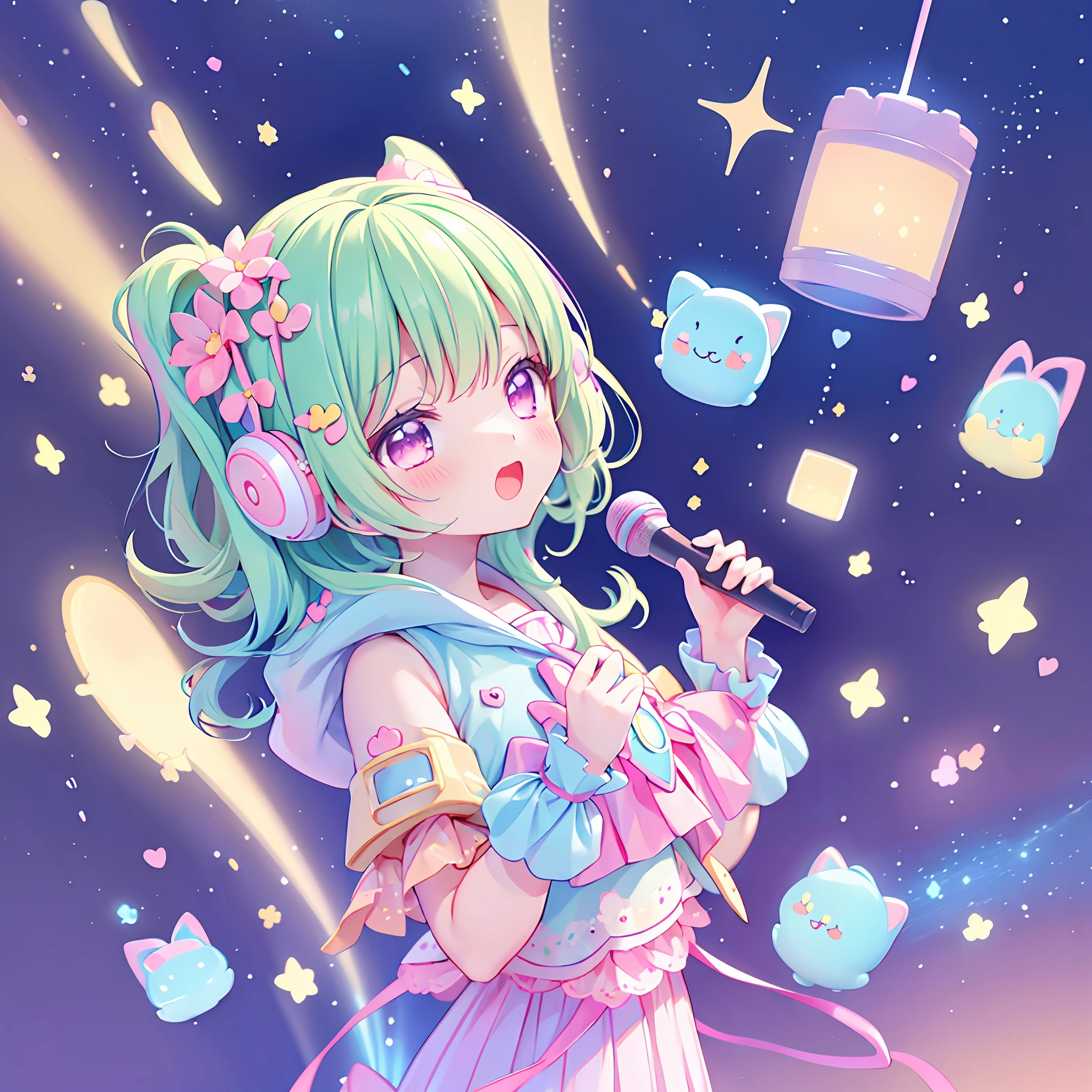 (chibi), idol, singing on the scene in the space, kawaiitech, kawaii, cute, pastel colors, best quality, happy, scifi, deep background